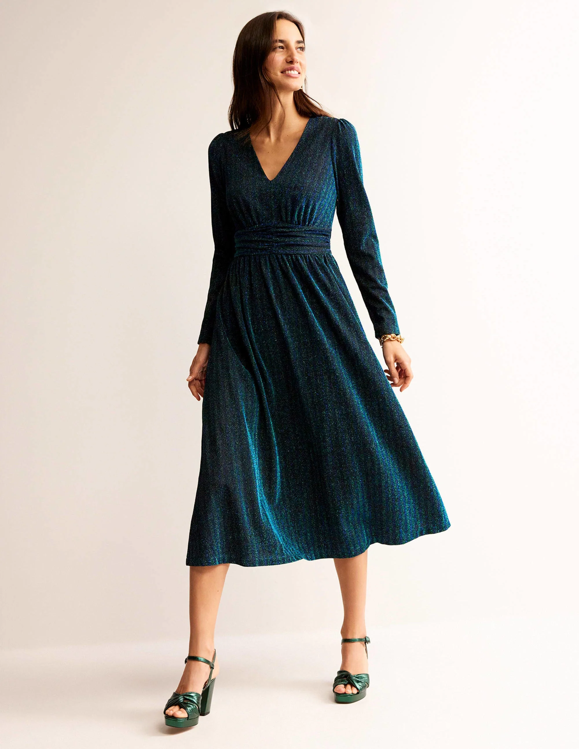 Ruched Sparkle Midi Dress-Green, Navy Stripe