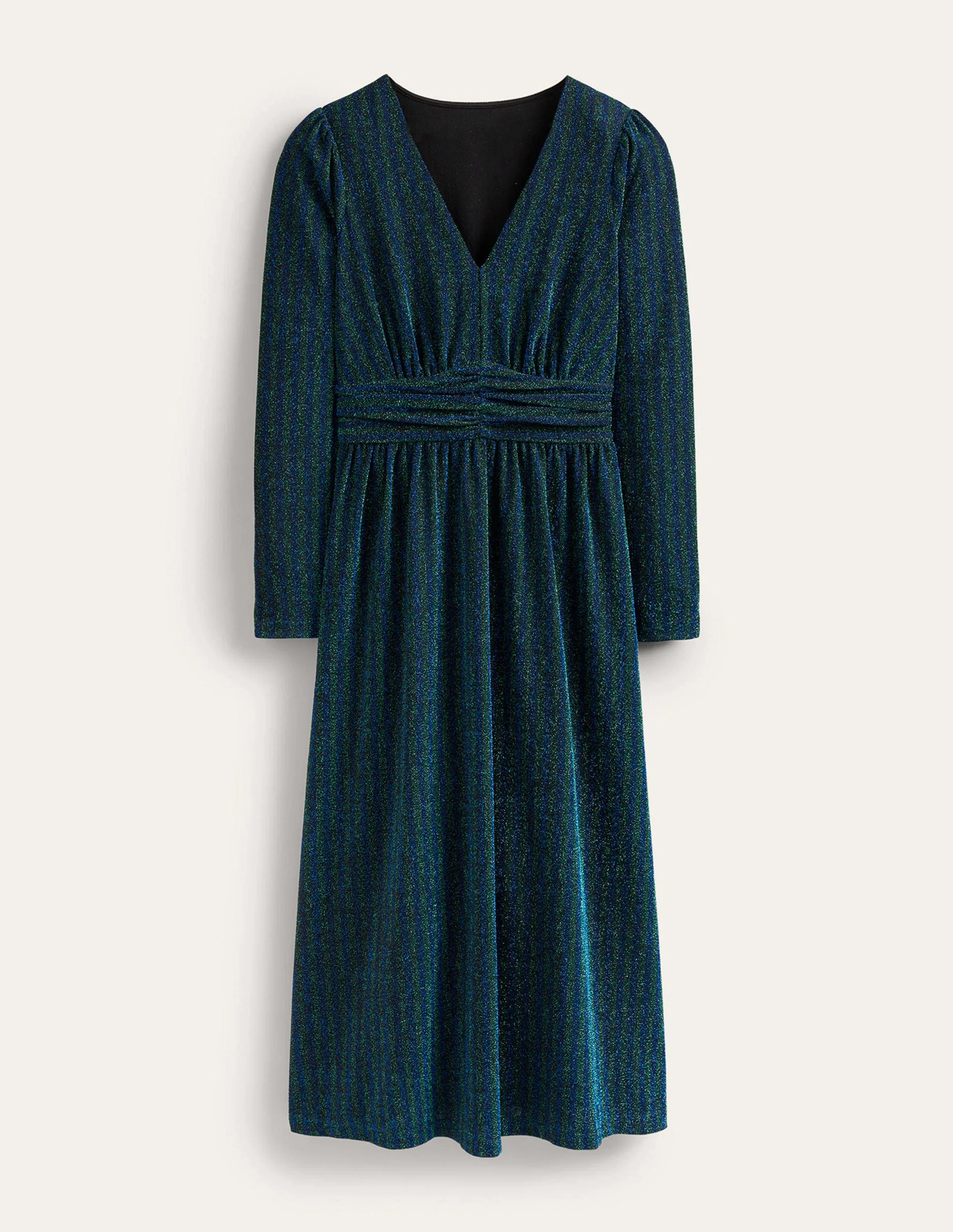 Ruched Sparkle Midi Dress-Green, Navy Stripe - Image 7