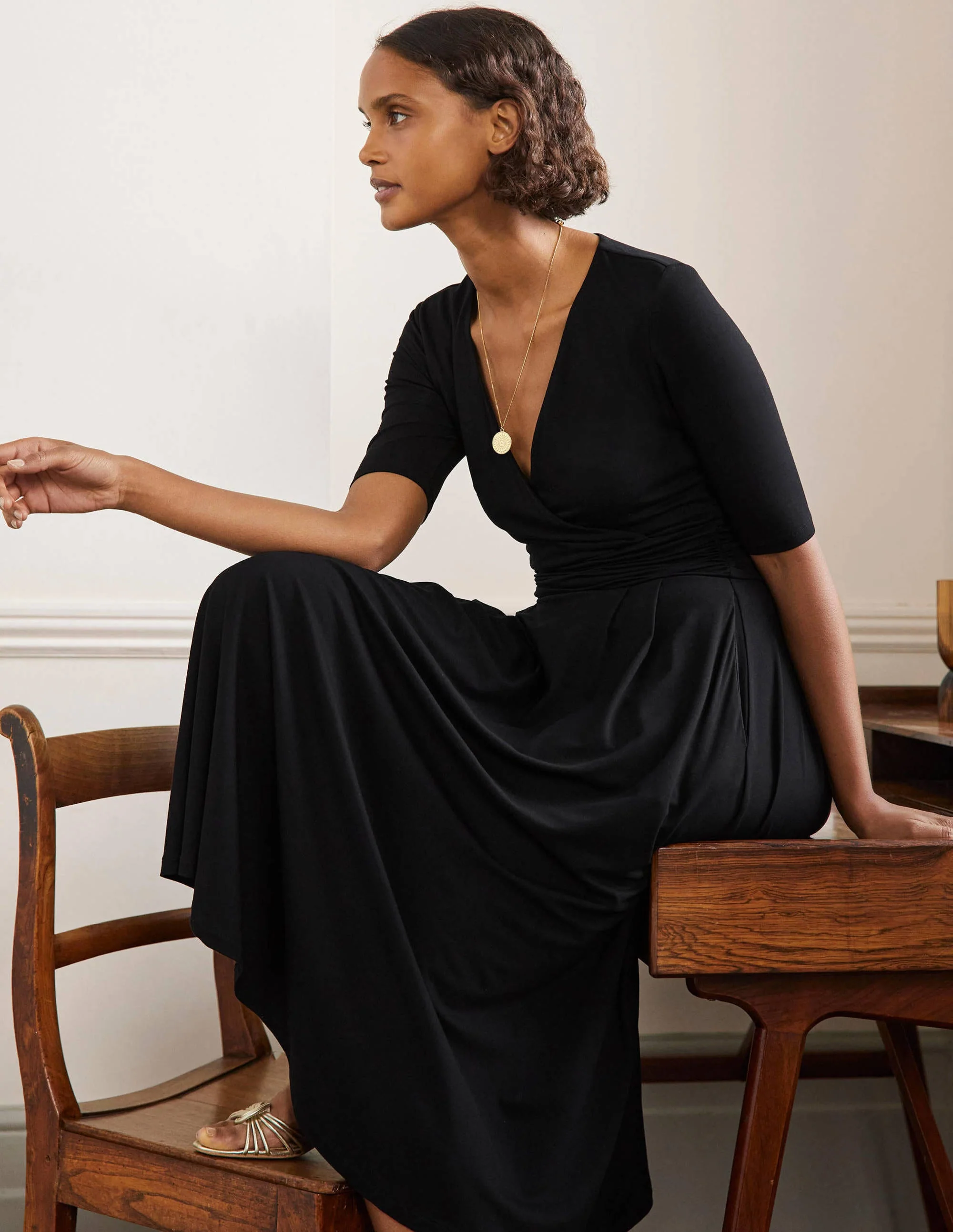 Ruched Waist Jersey Midi Dress-Black - Image 4