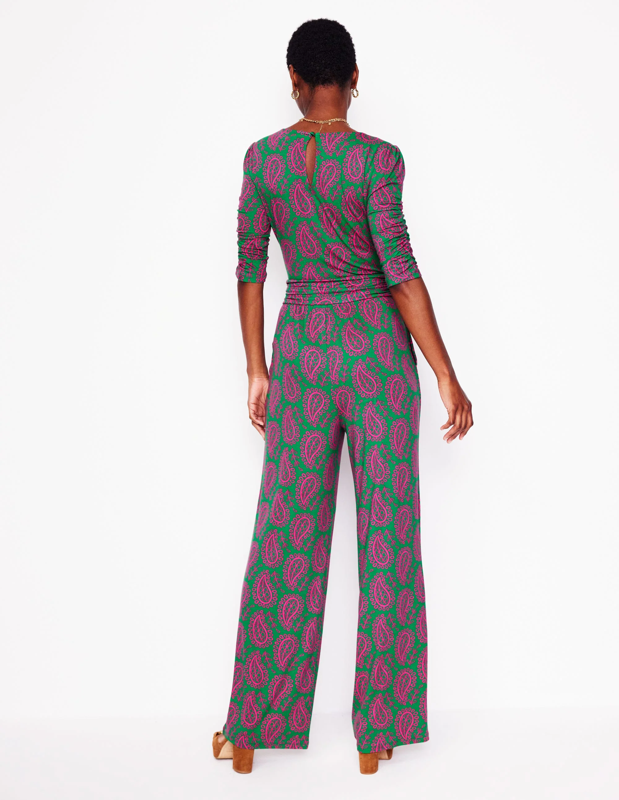 Ruched Waist Jumpsuit-Green, Paisley Heart - Image 2