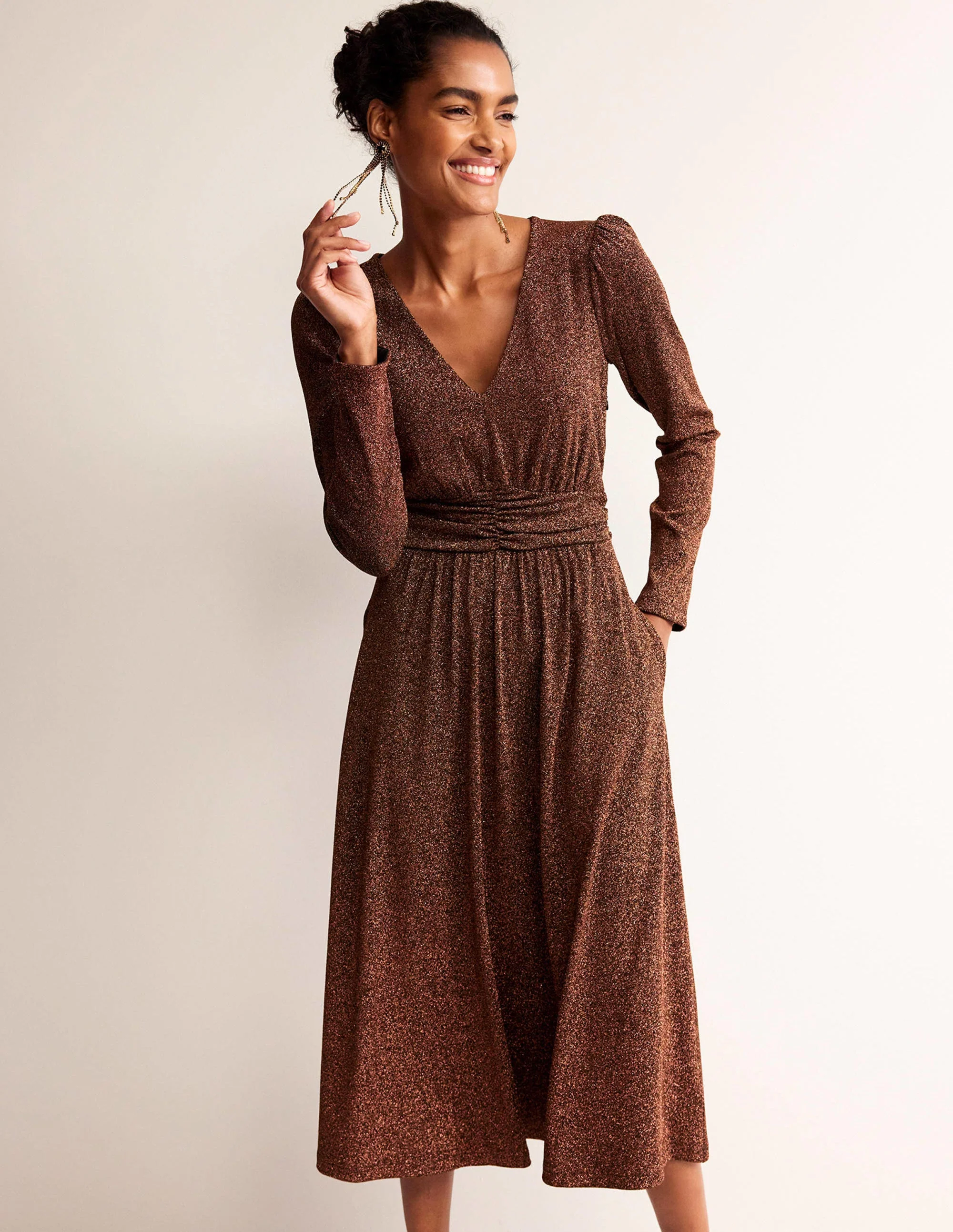 Ruched Waist Sparkle Dress-Copper