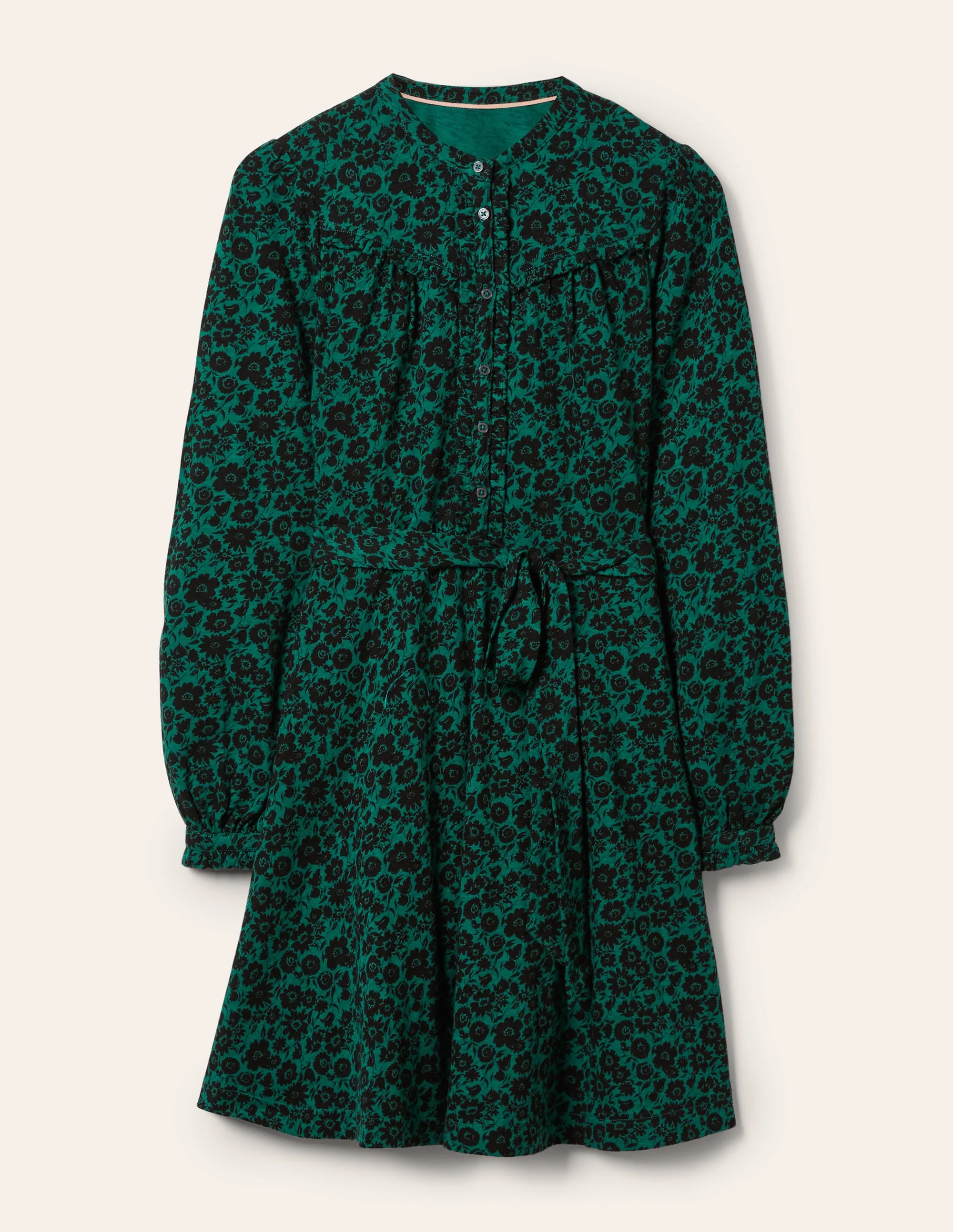 Ruffle Button Mini Dress-Deep Forest, Elegant Bloom - Image 5