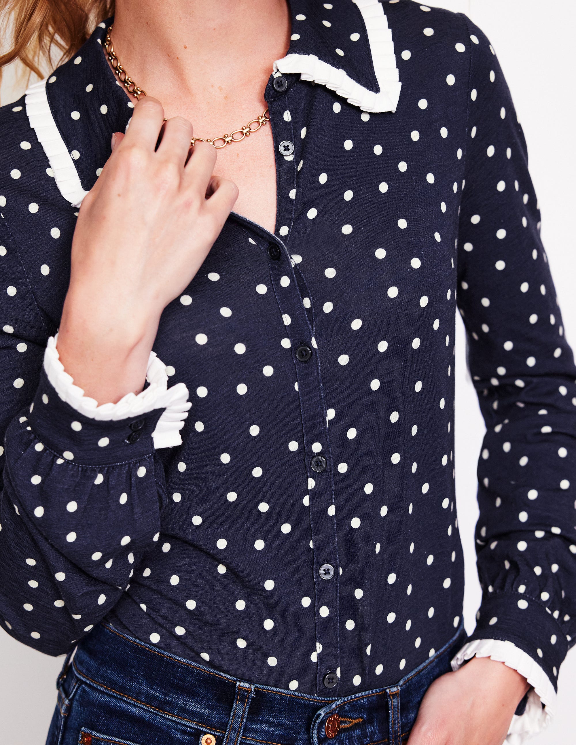 Ruffle Collar Shirt-Navy, Sparse Spot - Image 2