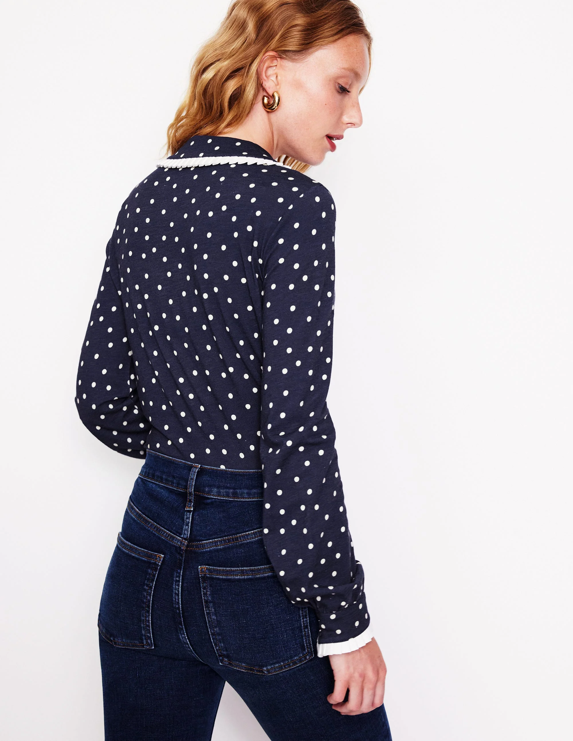 Ruffle Collar Shirt-Navy, Sparse Spot - Image 3