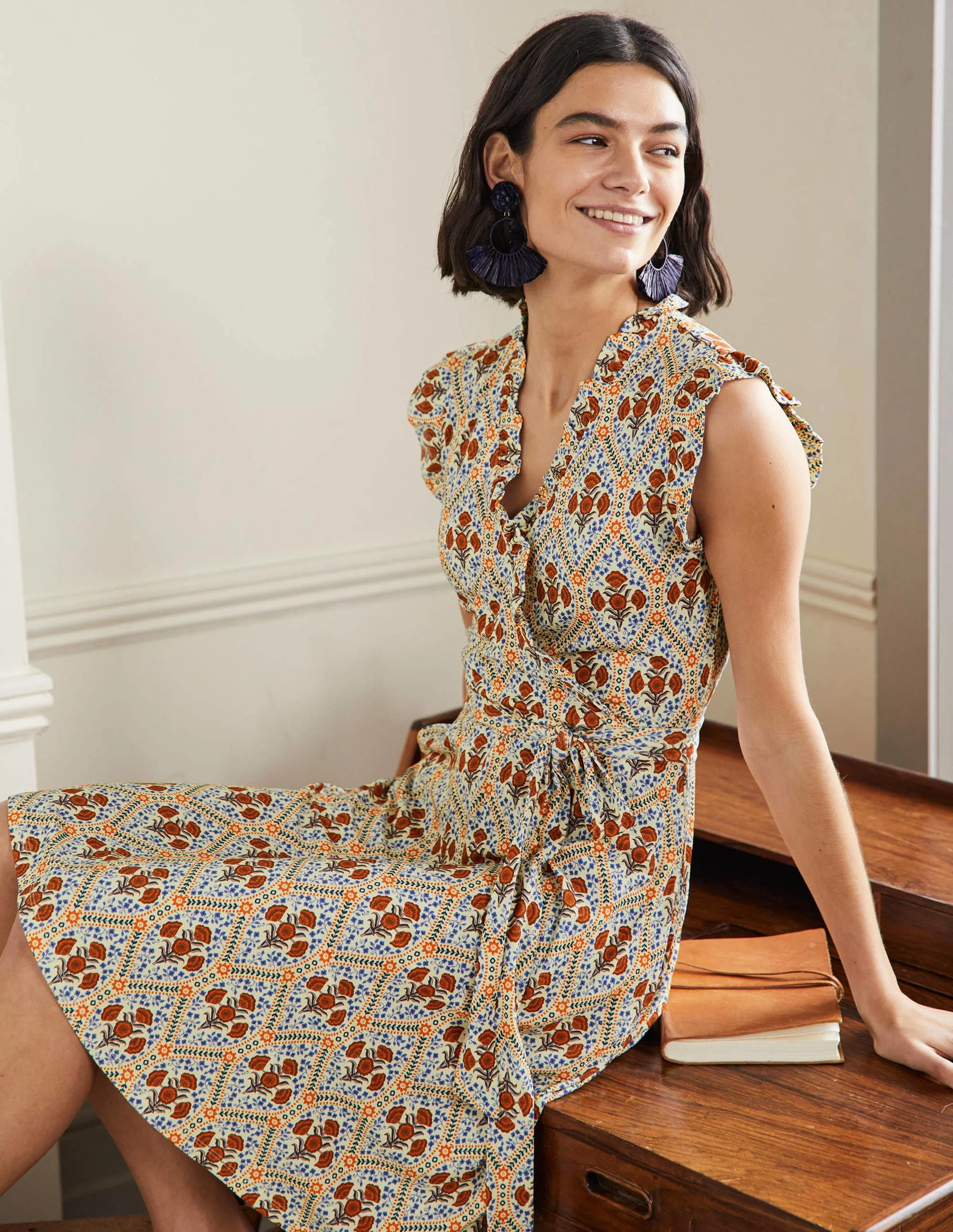 Ruffle Fixed Wrap Jersey Dress-Ivory, Poppy Bloom