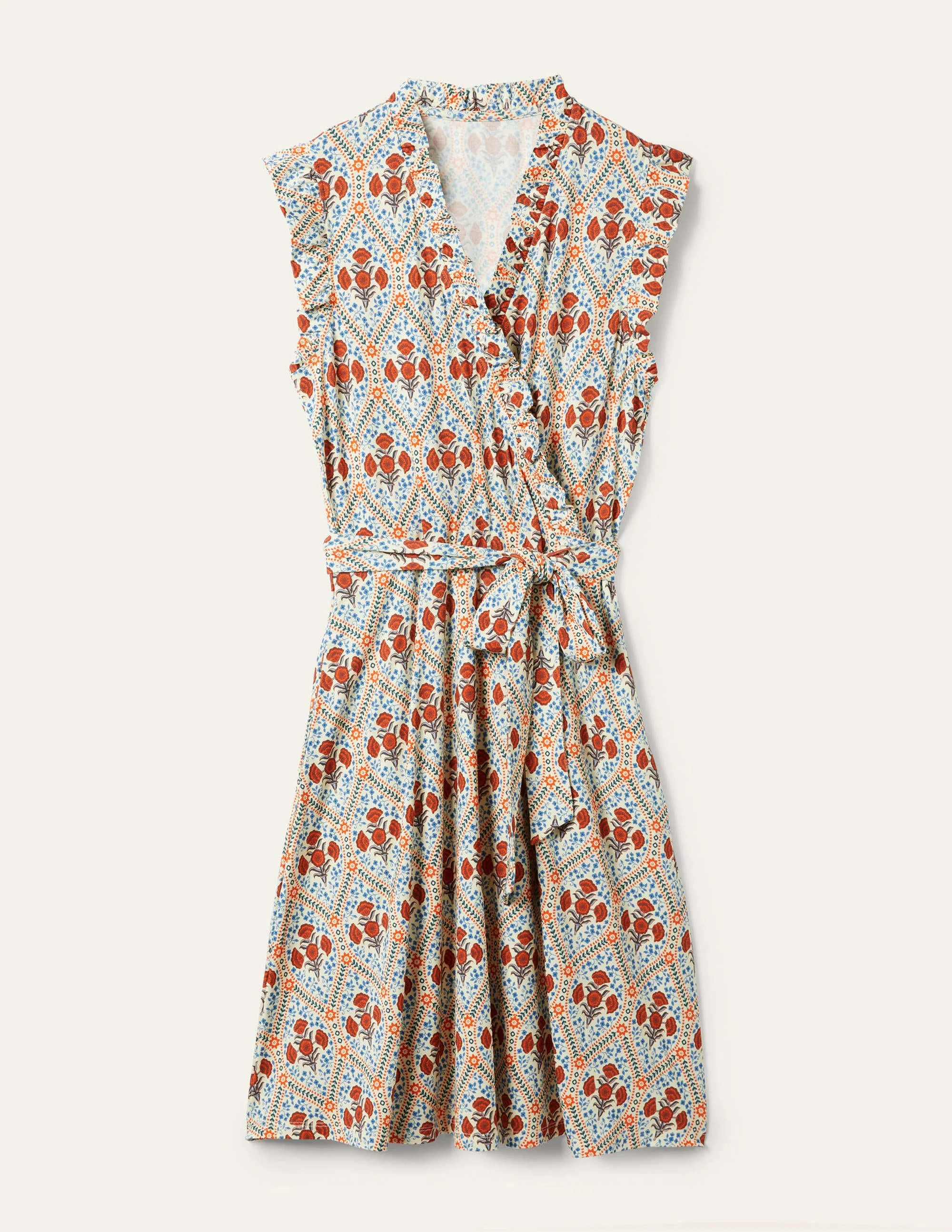 Ruffle Fixed Wrap Jersey Dress-Ivory, Poppy Bloom - Image 6