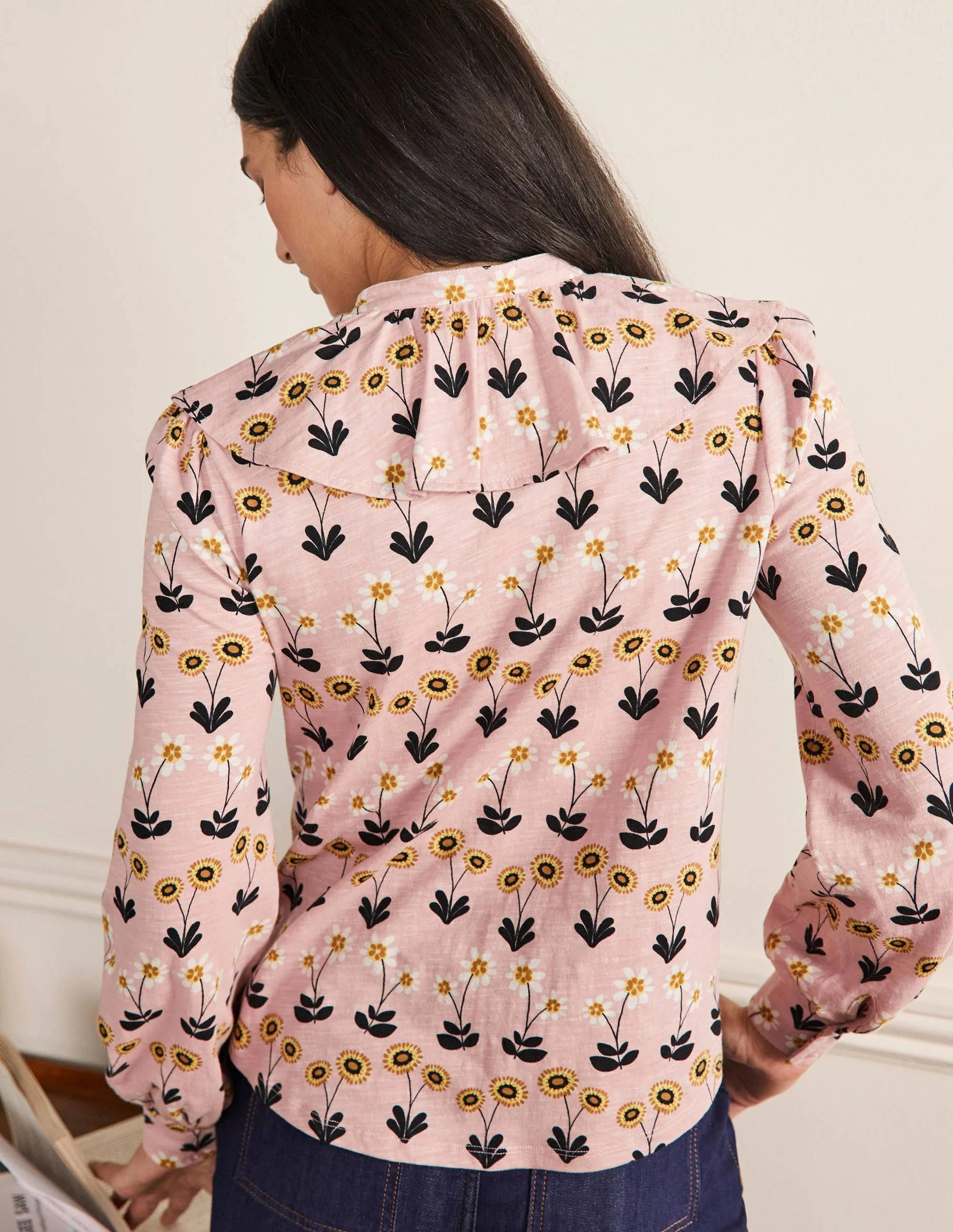 Ruffle Front Jersey Shirt-Milkshake, Delicate Daisy - Image 3