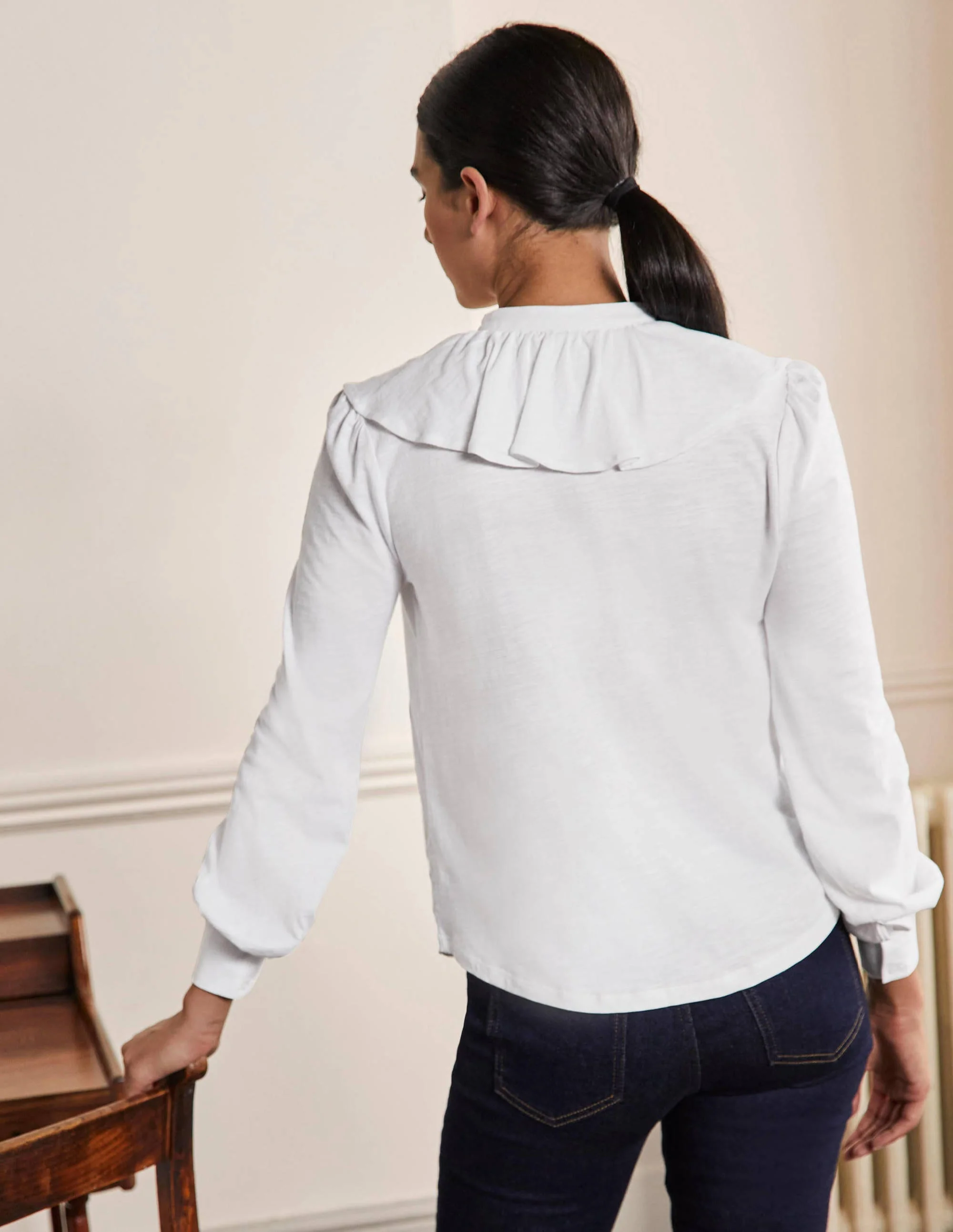 Ruffle Front Jersey Shirt-White - Image 3