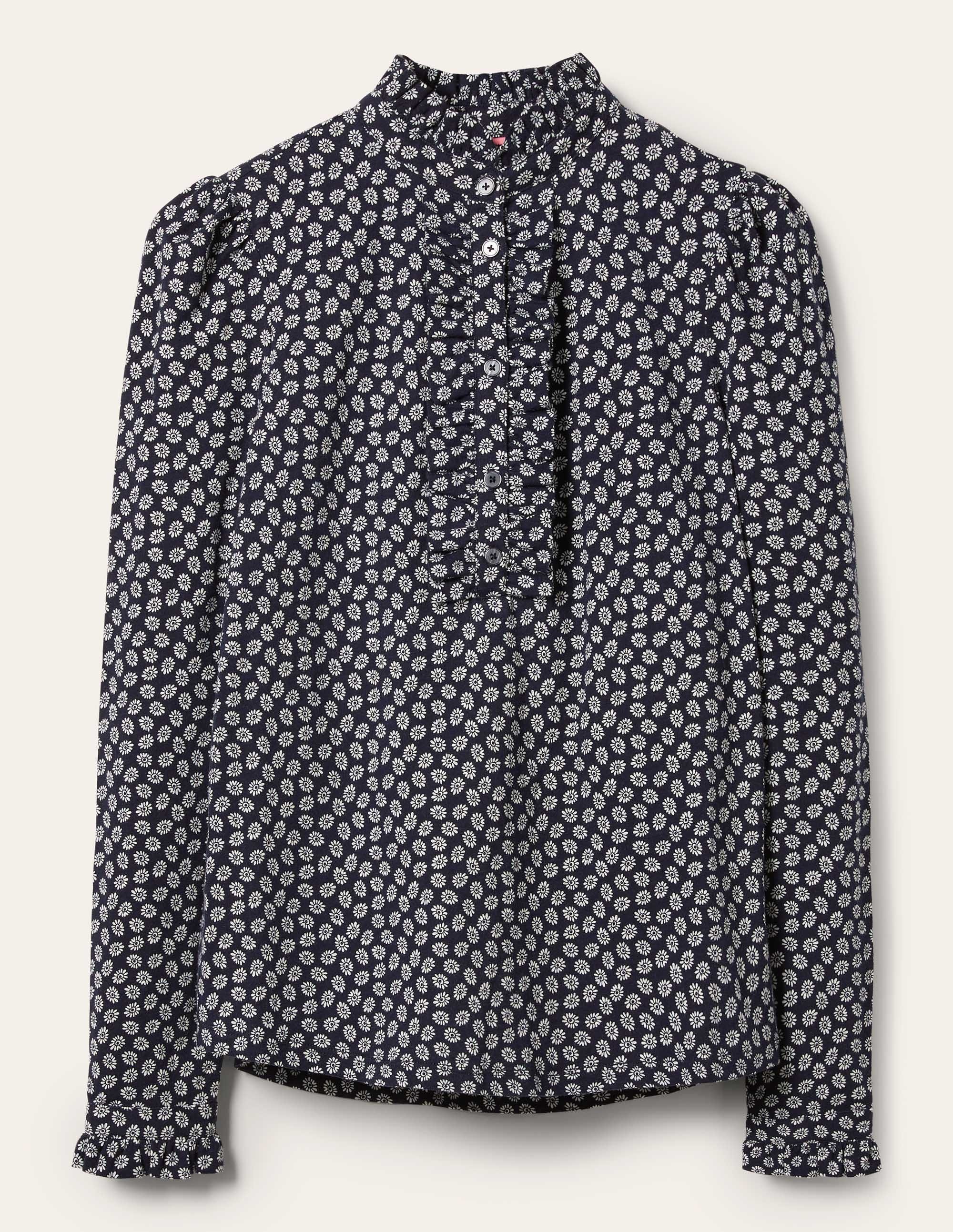 Ruffle Front Jersey Top-French Navy, Daisies - Image 5
