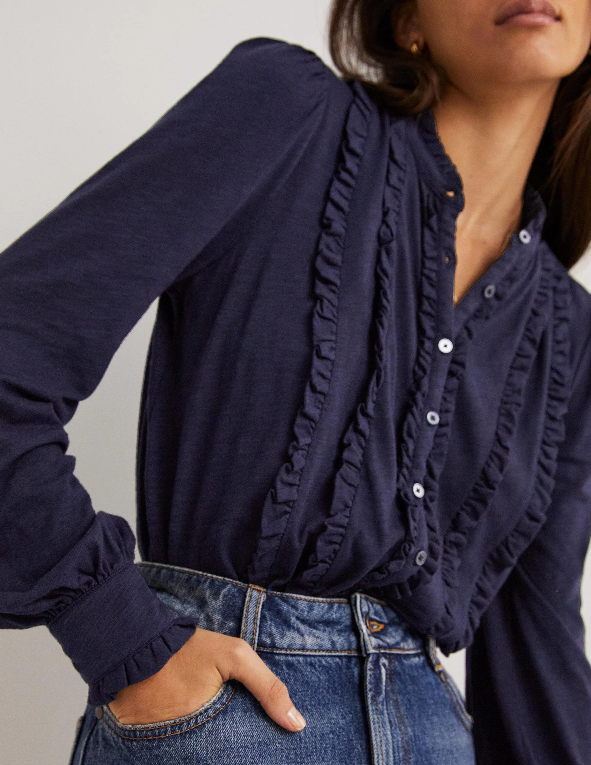 Ruffle Jersey Shirt-Navy - Image 2