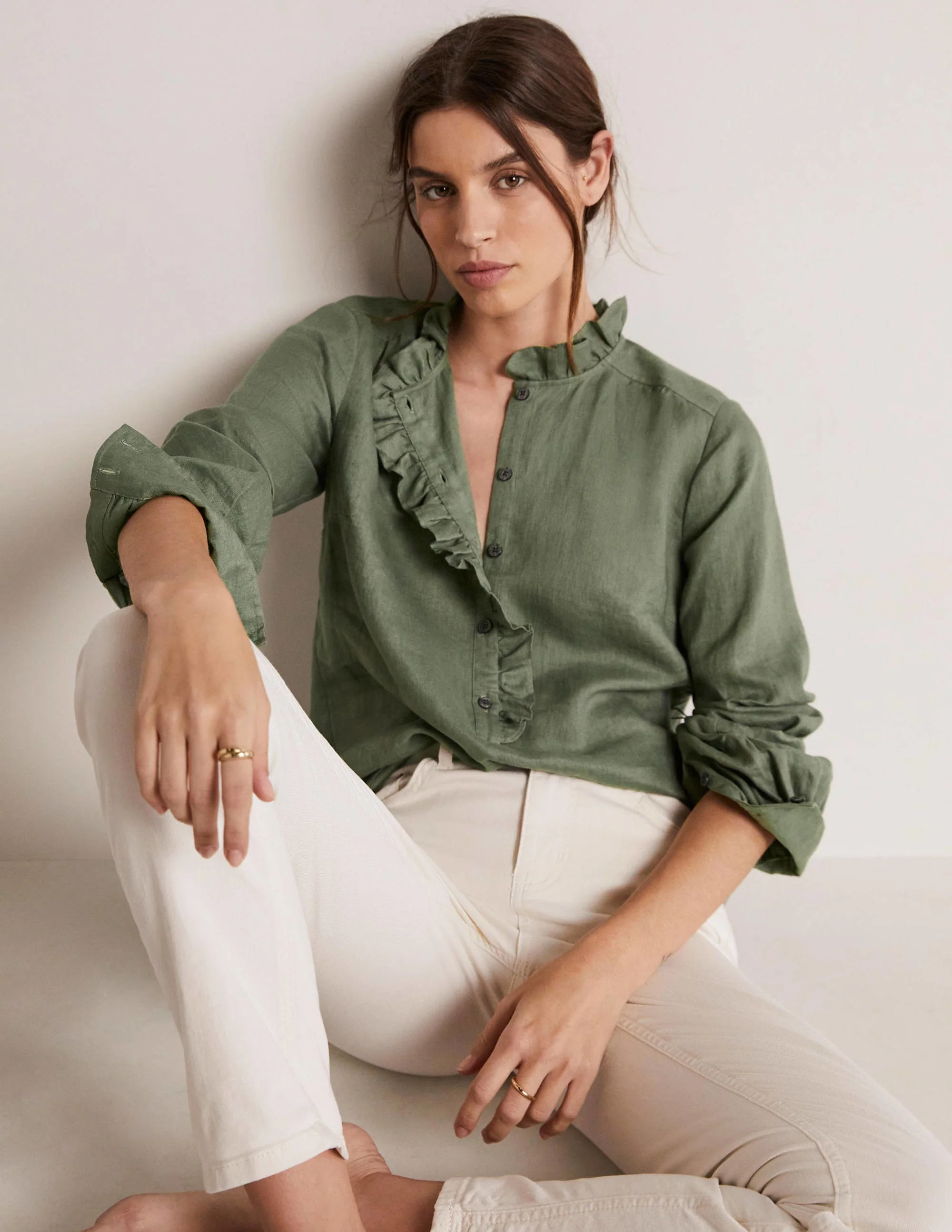 Ruffle Linen Popover Blouse-Alder Green - Image 4