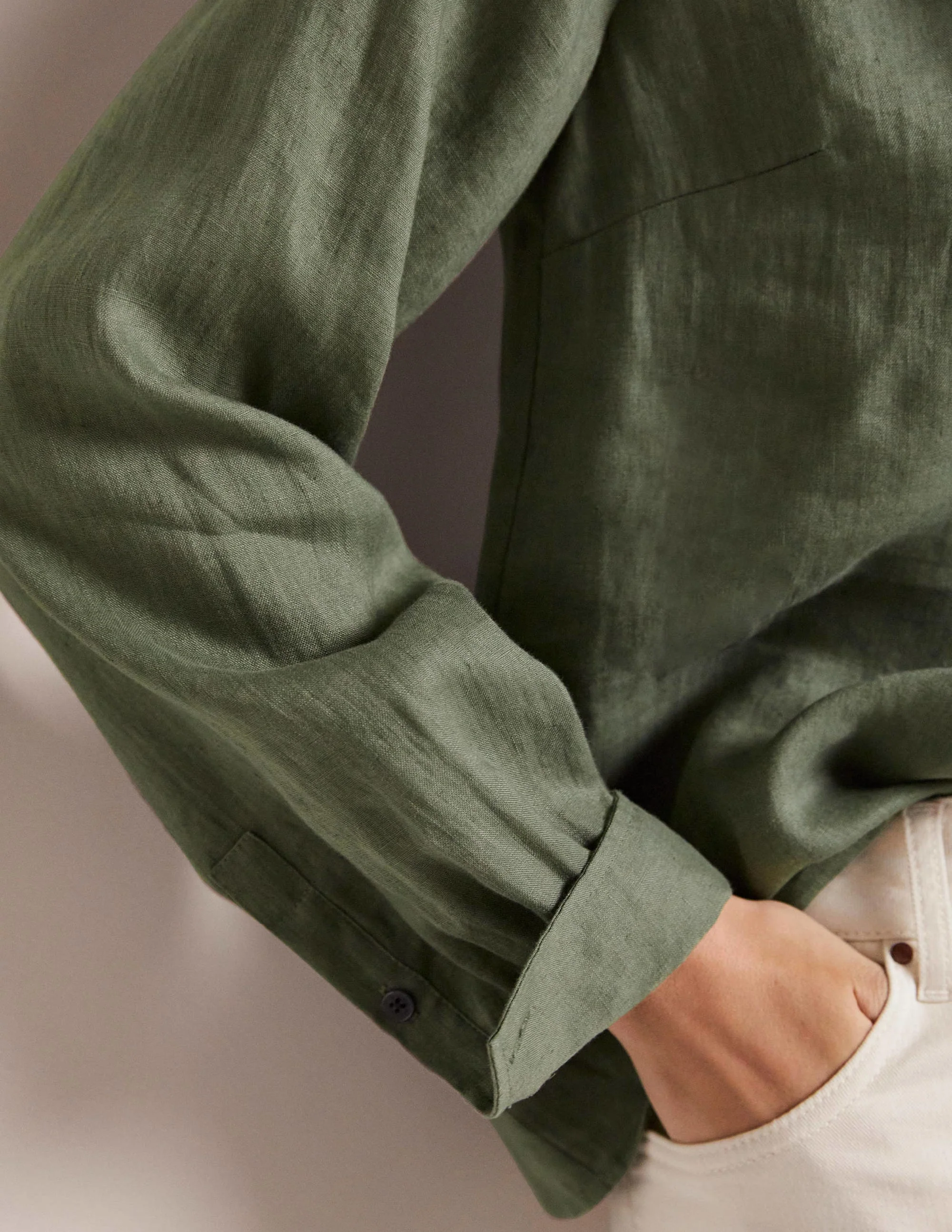 Ruffle Linen Popover Blouse-Alder Green - Image 5