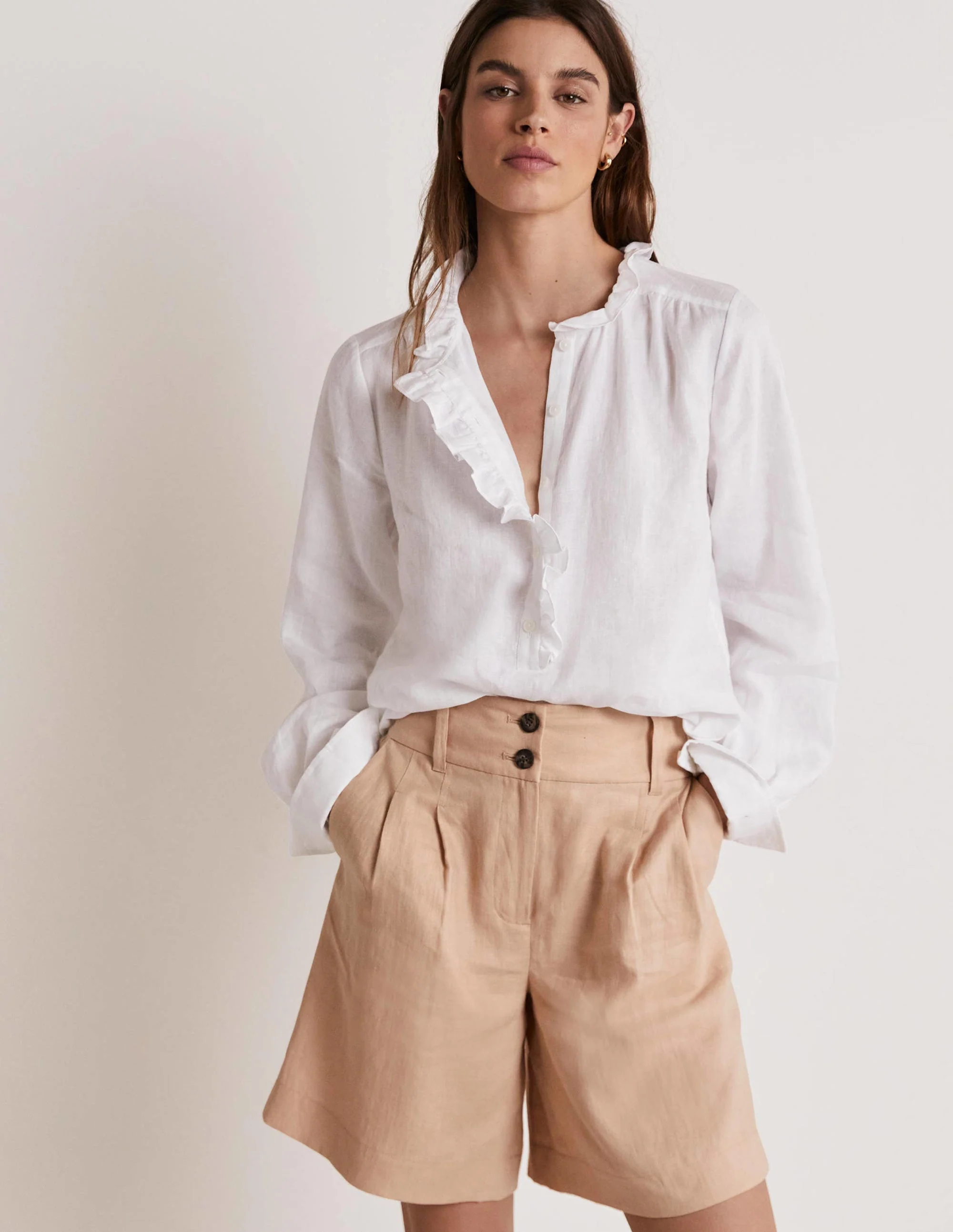 Ruffle Linen Popover Blouse-White - Image 7