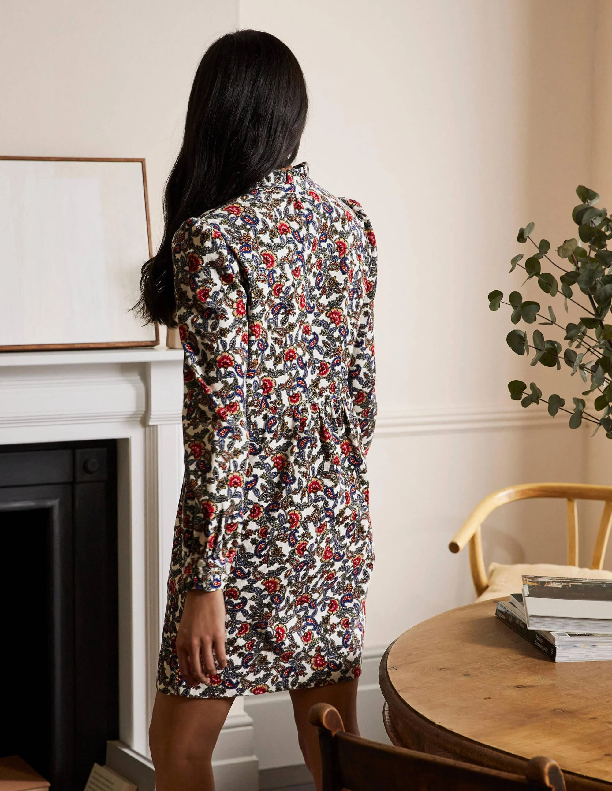 Ruffle Neck Cord Dress-Ivory, Exotic Floral - Image 3