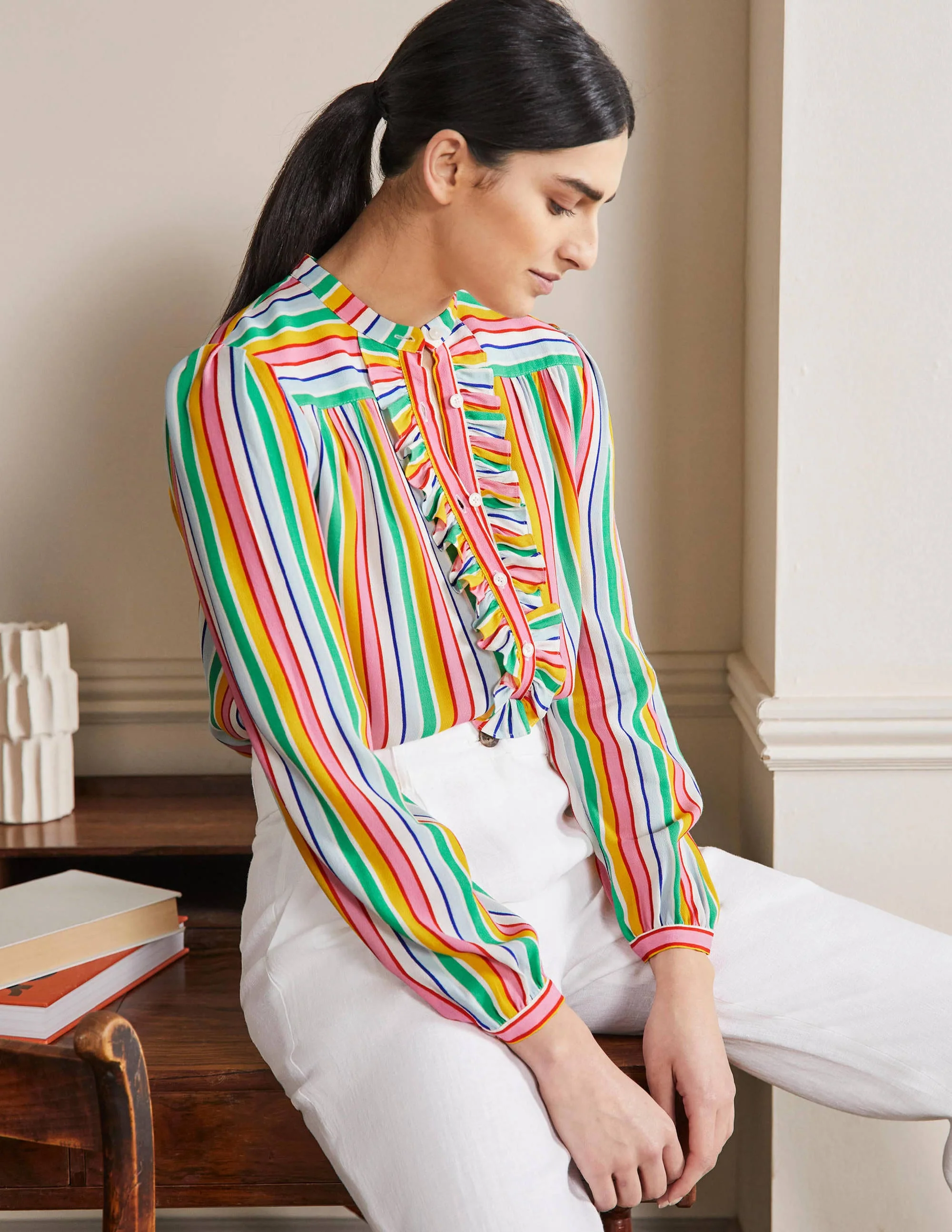 Ruffle Popover Blouse-Rainbow Multistripe - Image 4