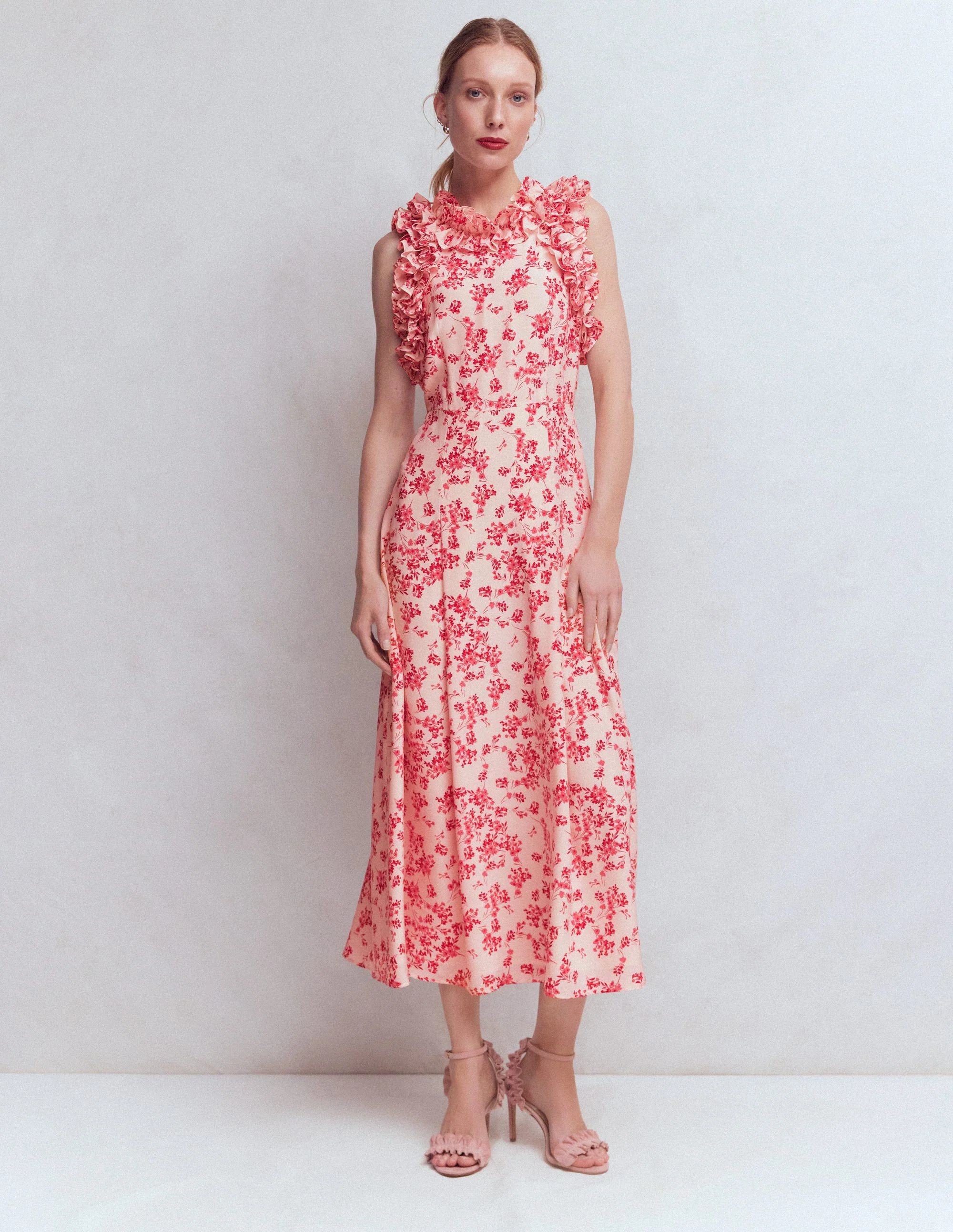 Ruffle Silk Midi Dress-Pink Bloom Scatter Mono - Image 4