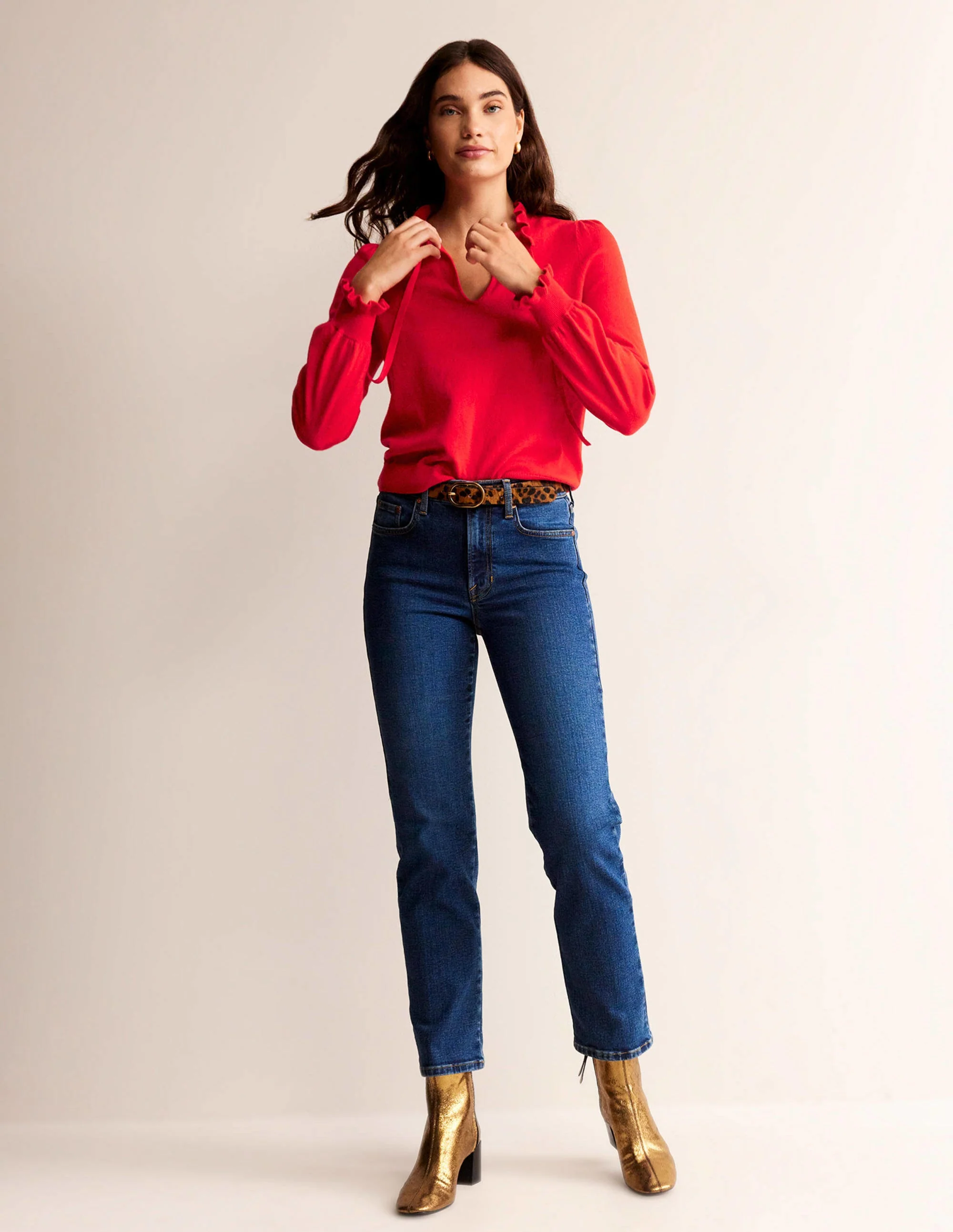 Ruffle Tie-Neck Sweater-Brilliant Red - Image 4