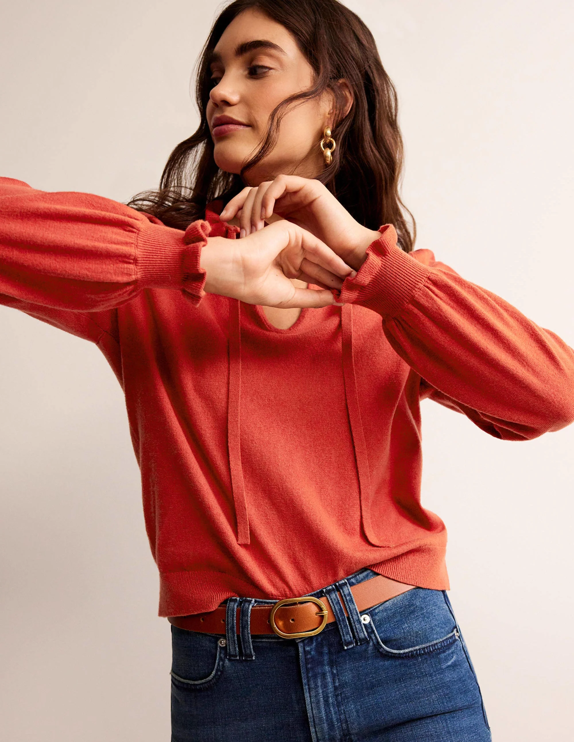 Ruffle Tie-Neck Sweater-Chestnut Brown