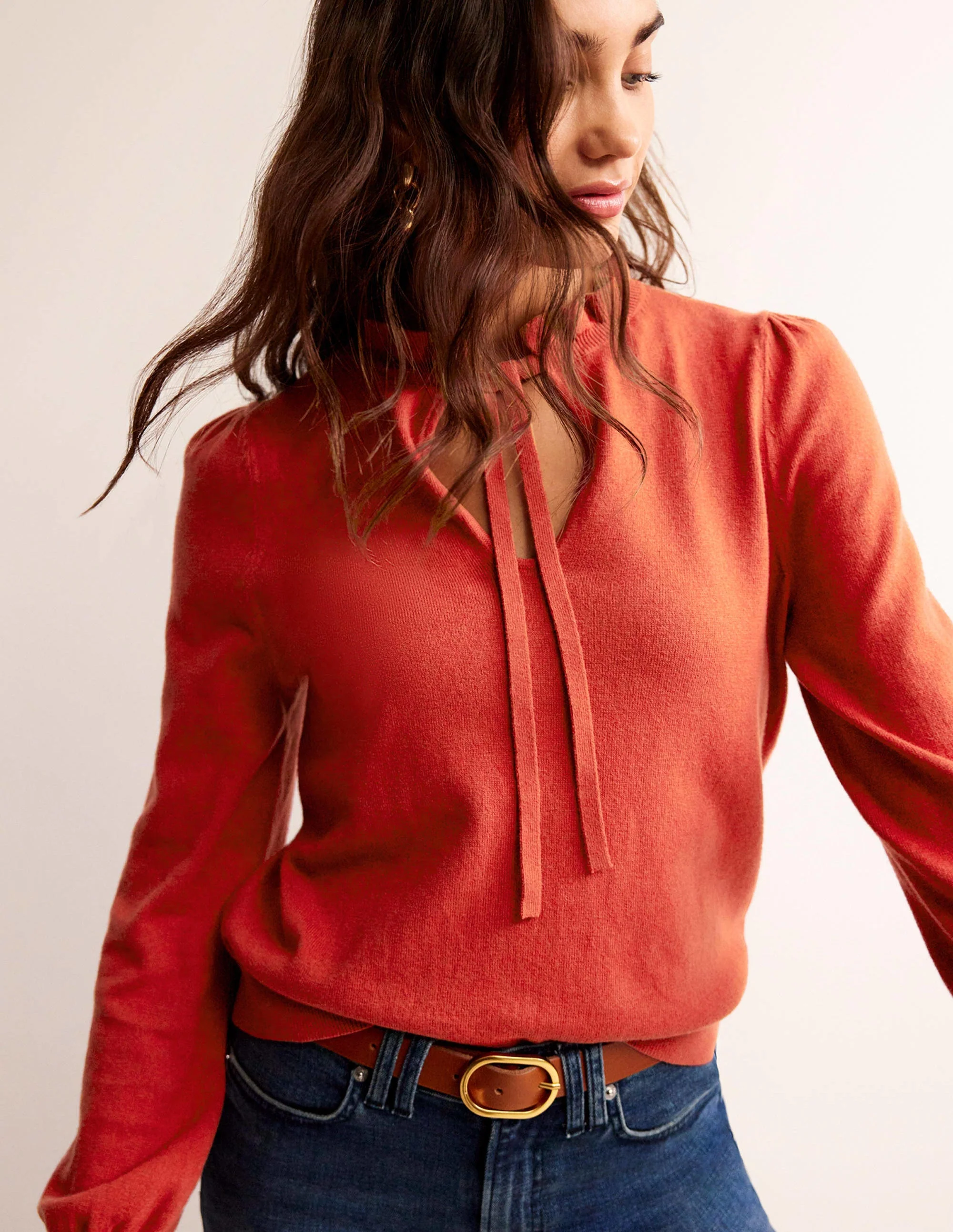 Ruffle Tie-Neck Sweater-Chestnut Brown - Image 4