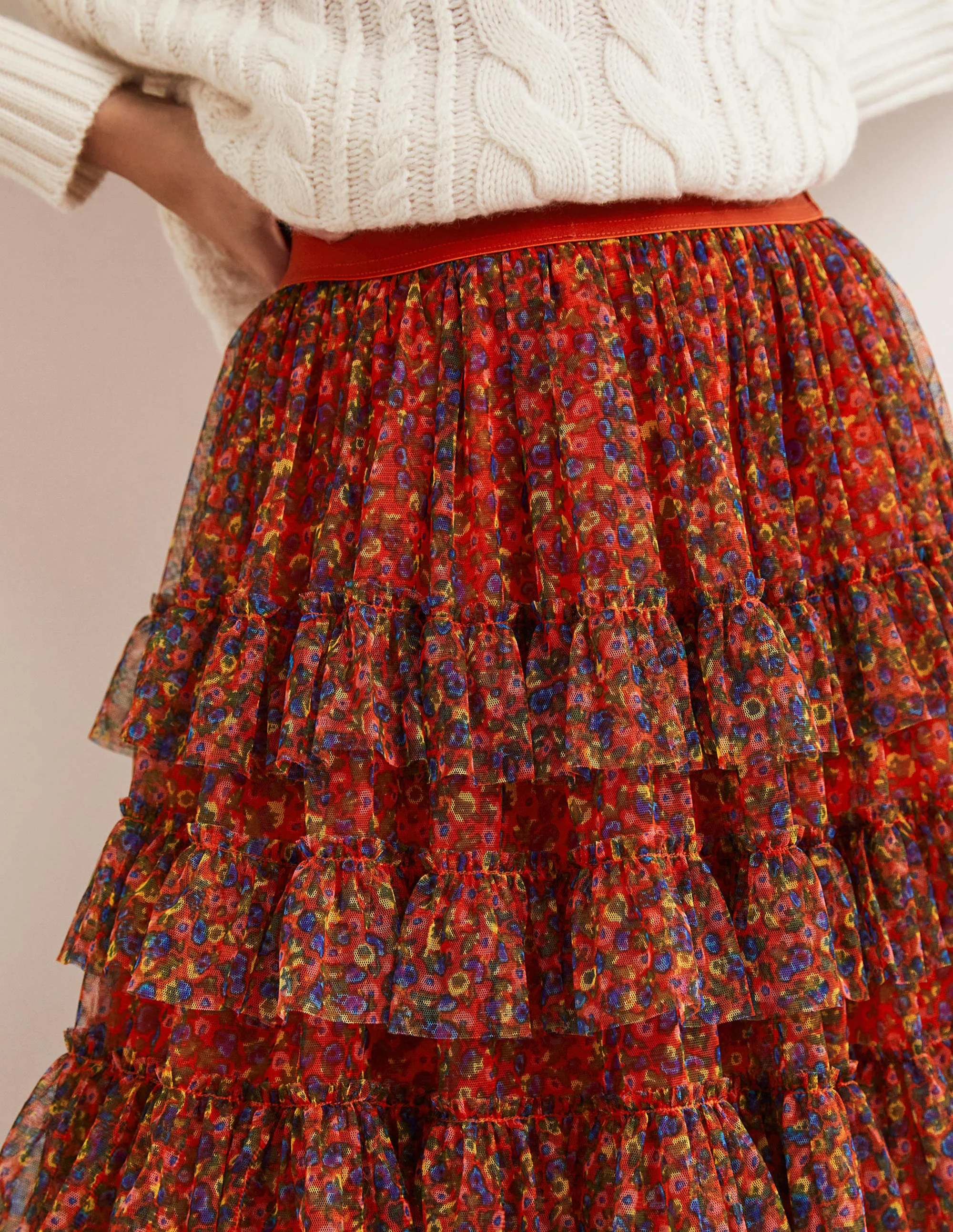 Ruffle Tulle Midi Skirt-Rocket Red, Floral Terrace - Image 2