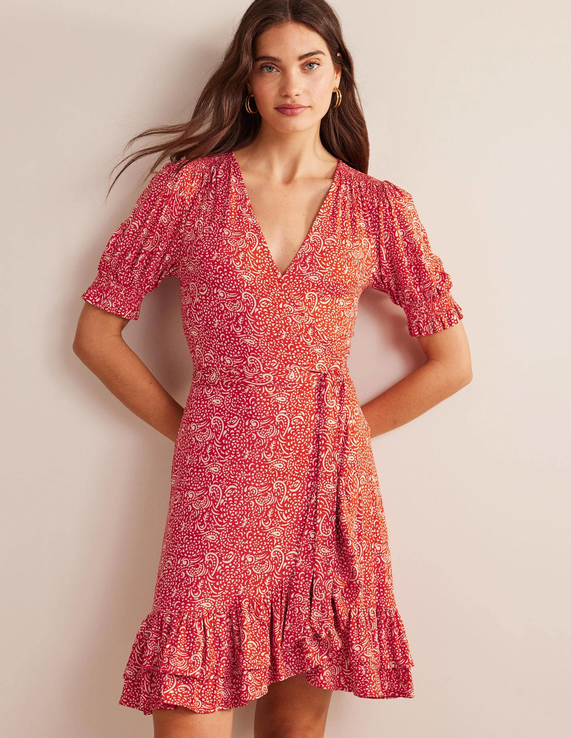 Ruffle Wrap Jersey Mini Dress-Vermillion, Azure Pop