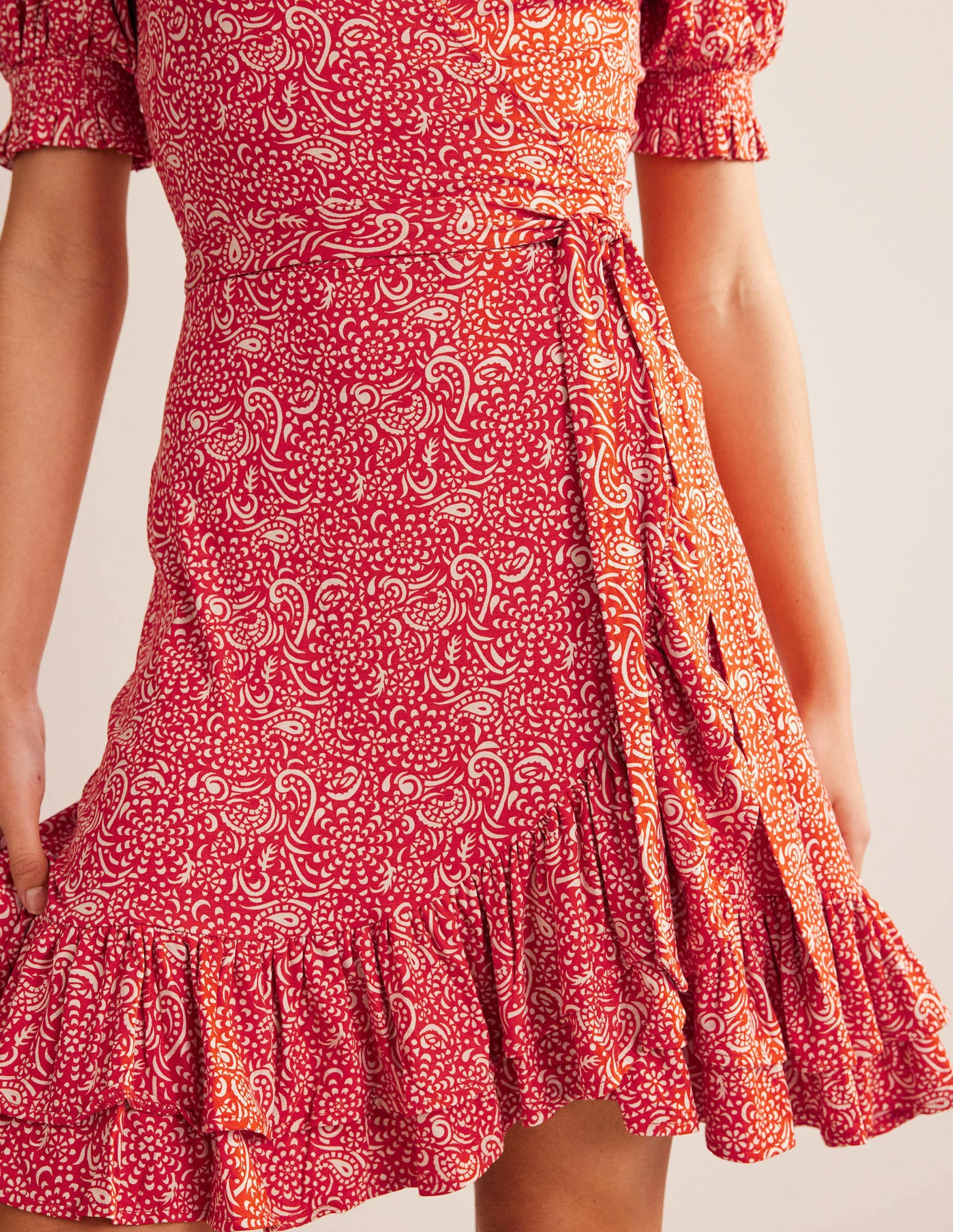 Ruffle Wrap Jersey Mini Dress-Vermillion, Azure Pop - Image 2