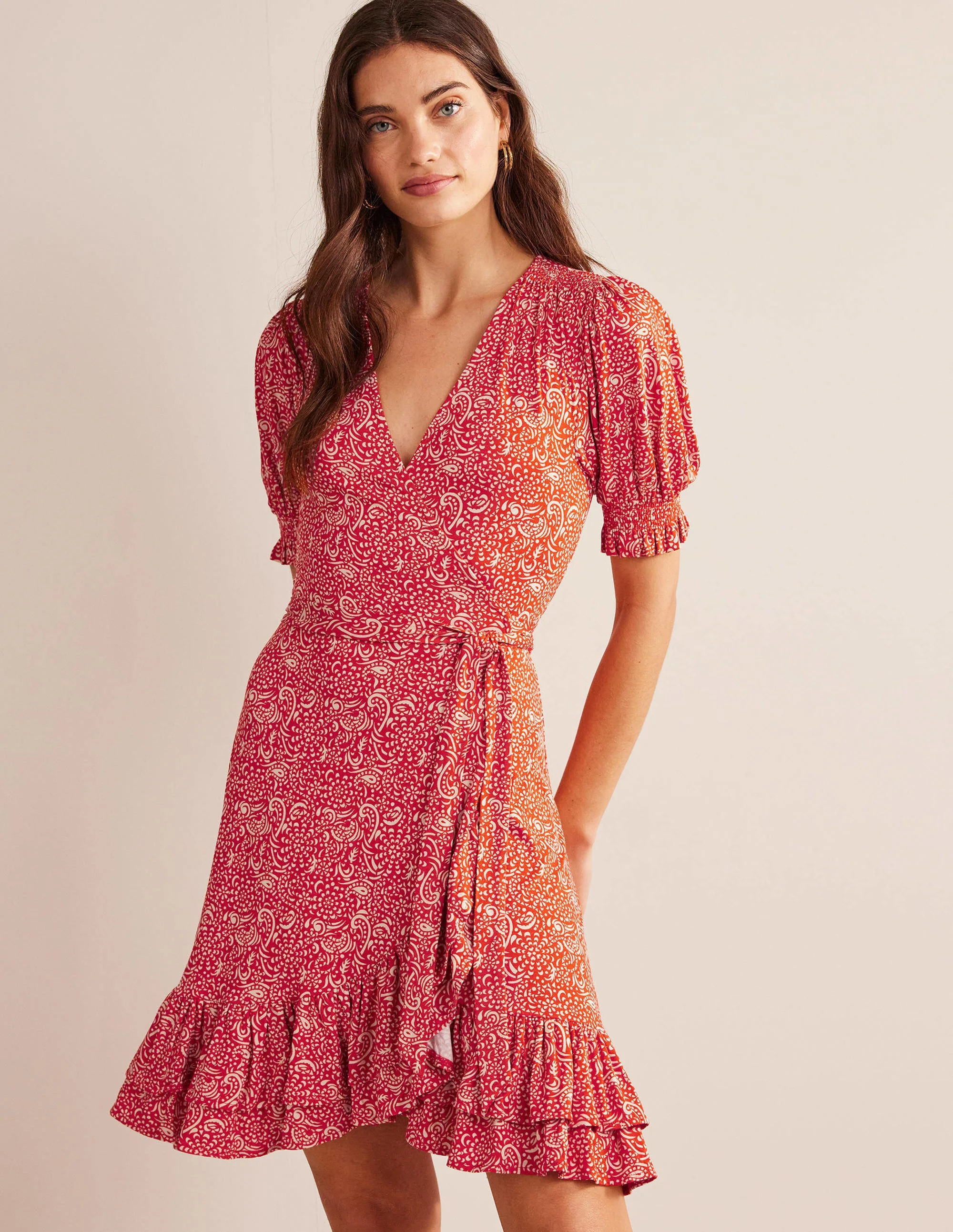 Ruffle Wrap Jersey Mini Dress-Vermillion, Azure Pop - Image 4