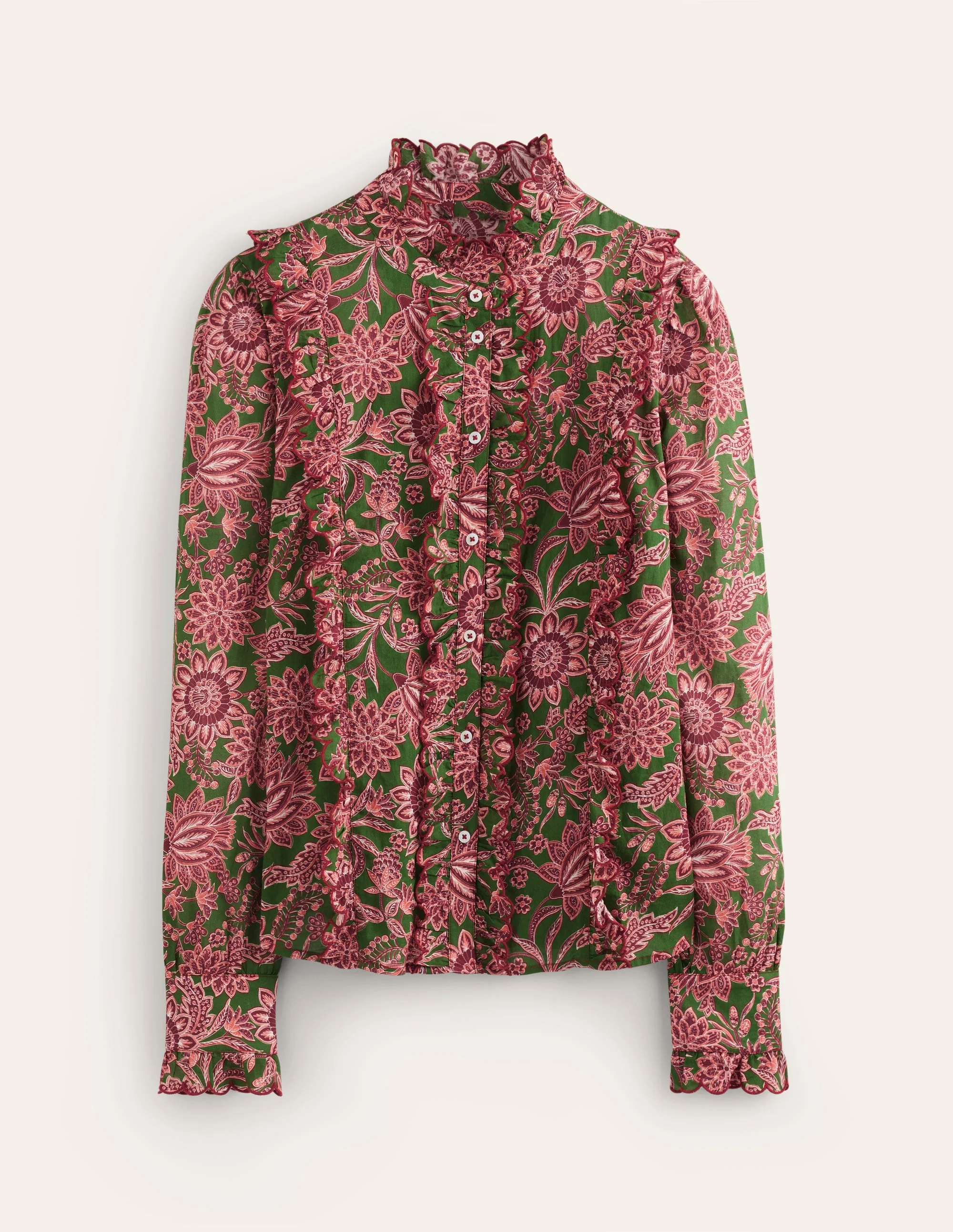 Ruffled Cotton Blouse-Chive, Ornate Bud - Image 6