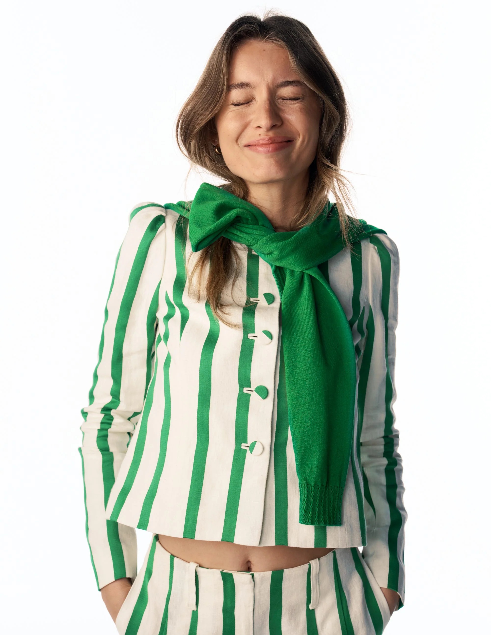 Salisbury Puff Sleeve Jacket-Ivory, Fresh Green Stripe - Image 2
