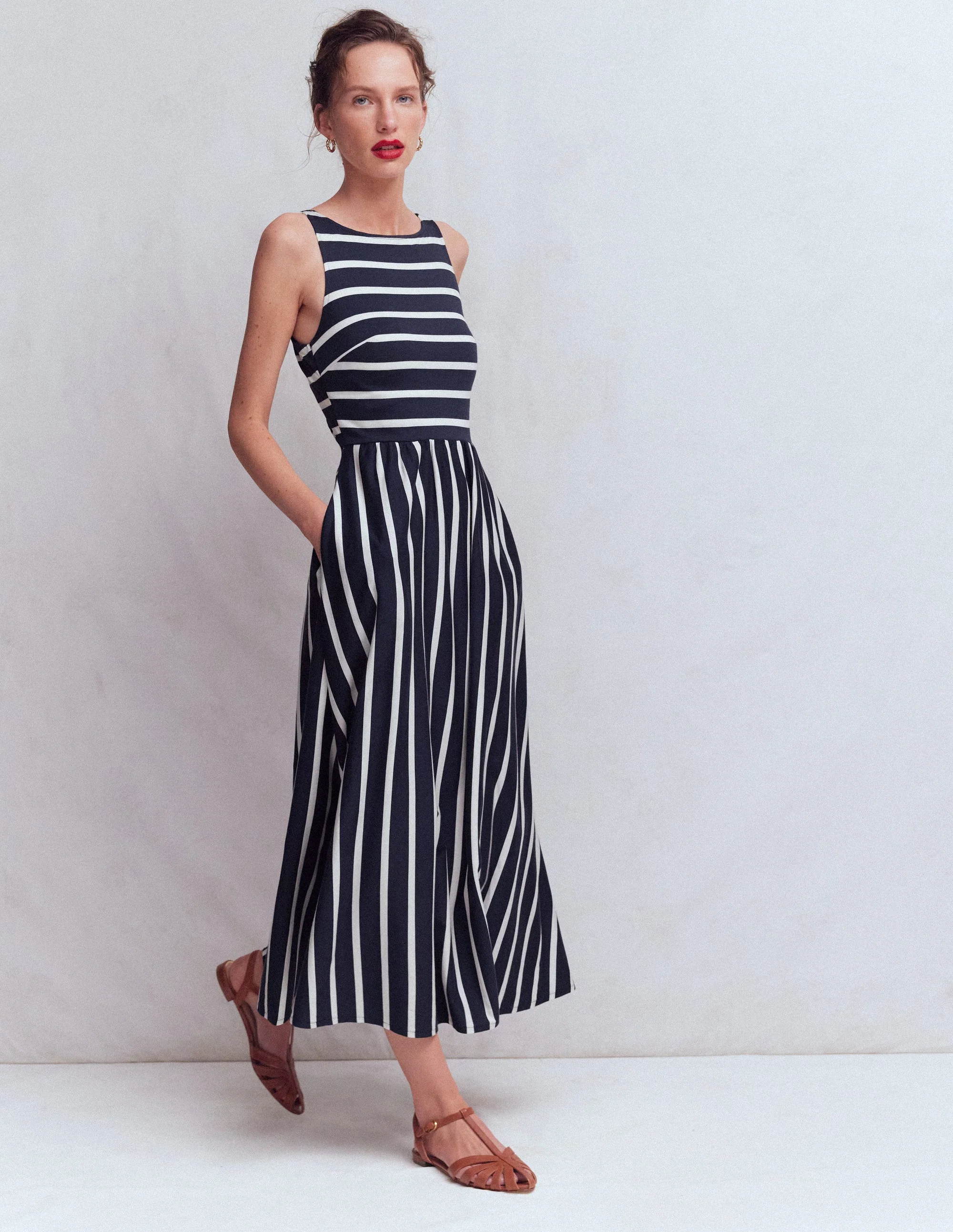 Saoirse Smock Back Dress-Navy, Ivory Stripe