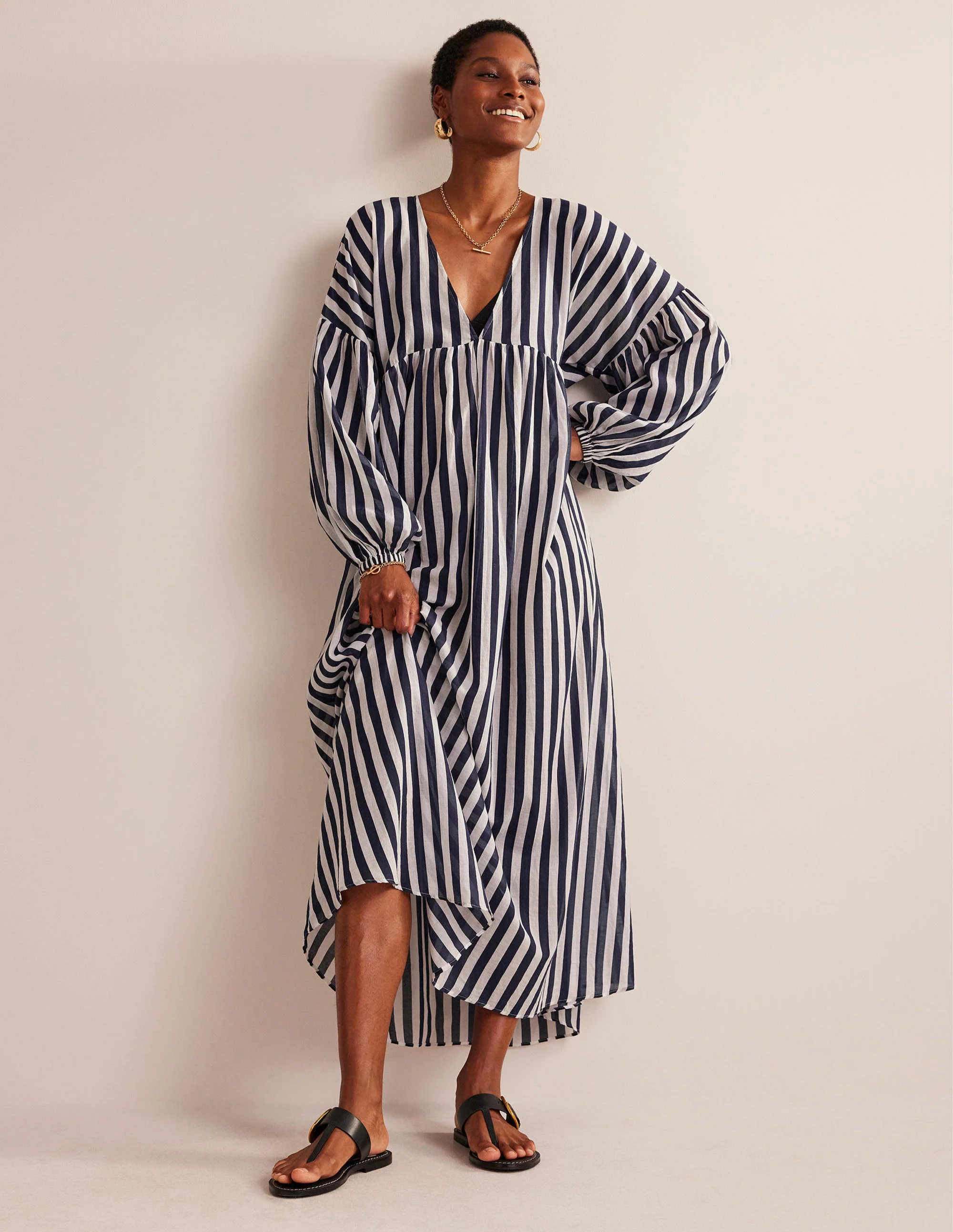 Sarah Maxi Kaftan Dress-Blue and Ivory Stripe