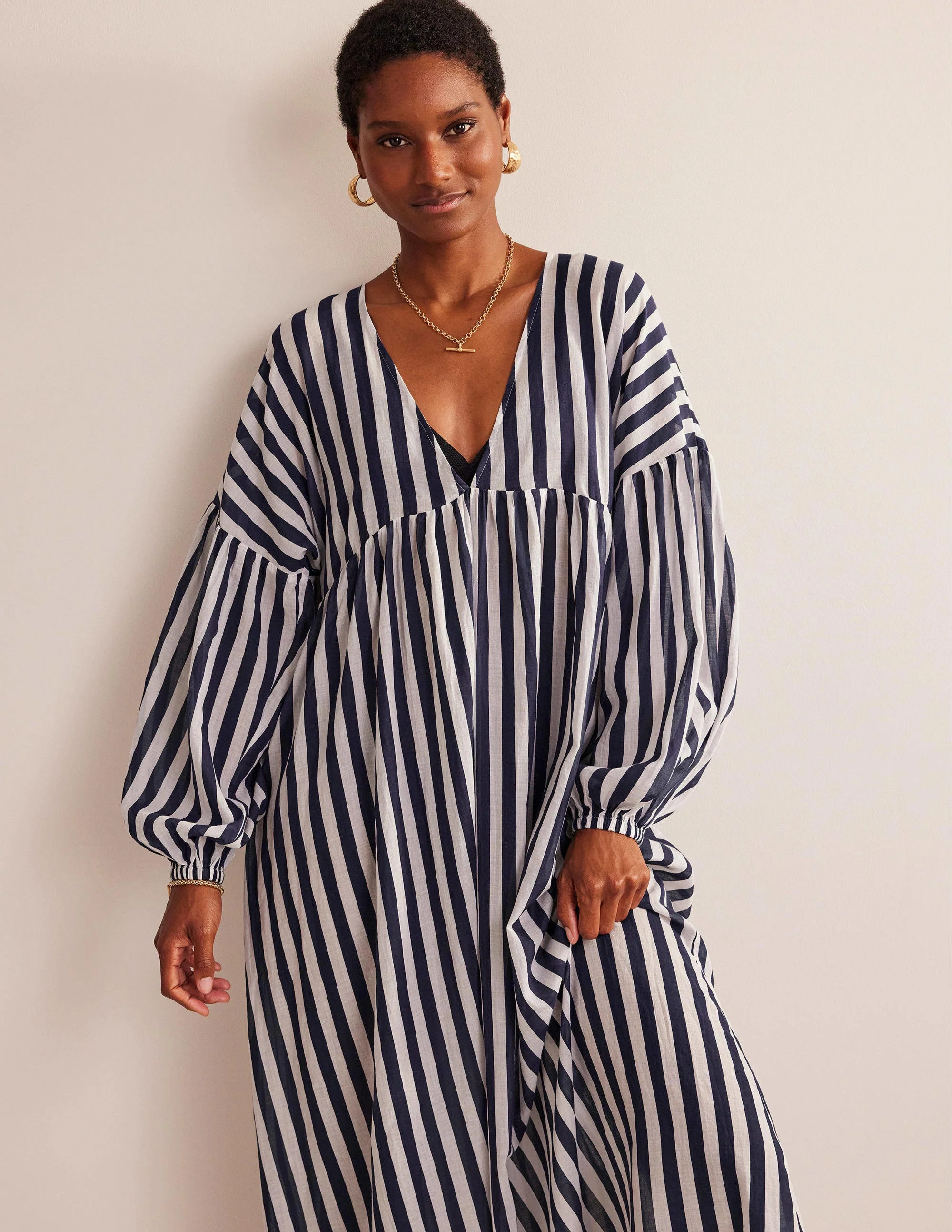 Sarah Maxi Kaftan Dress-Blue and Ivory Stripe - Image 4