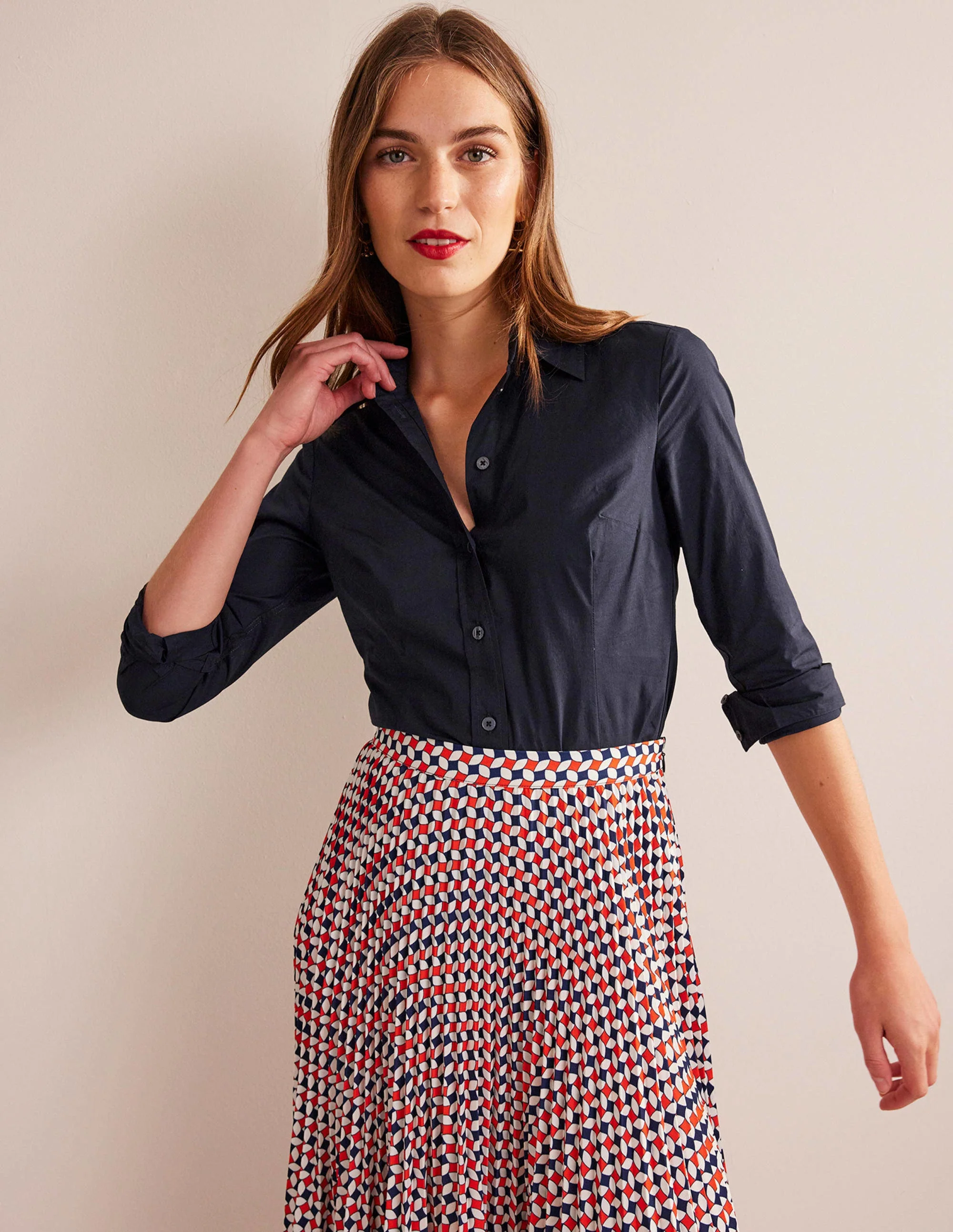 Saskia Stretch Cotton Shirt-Navy