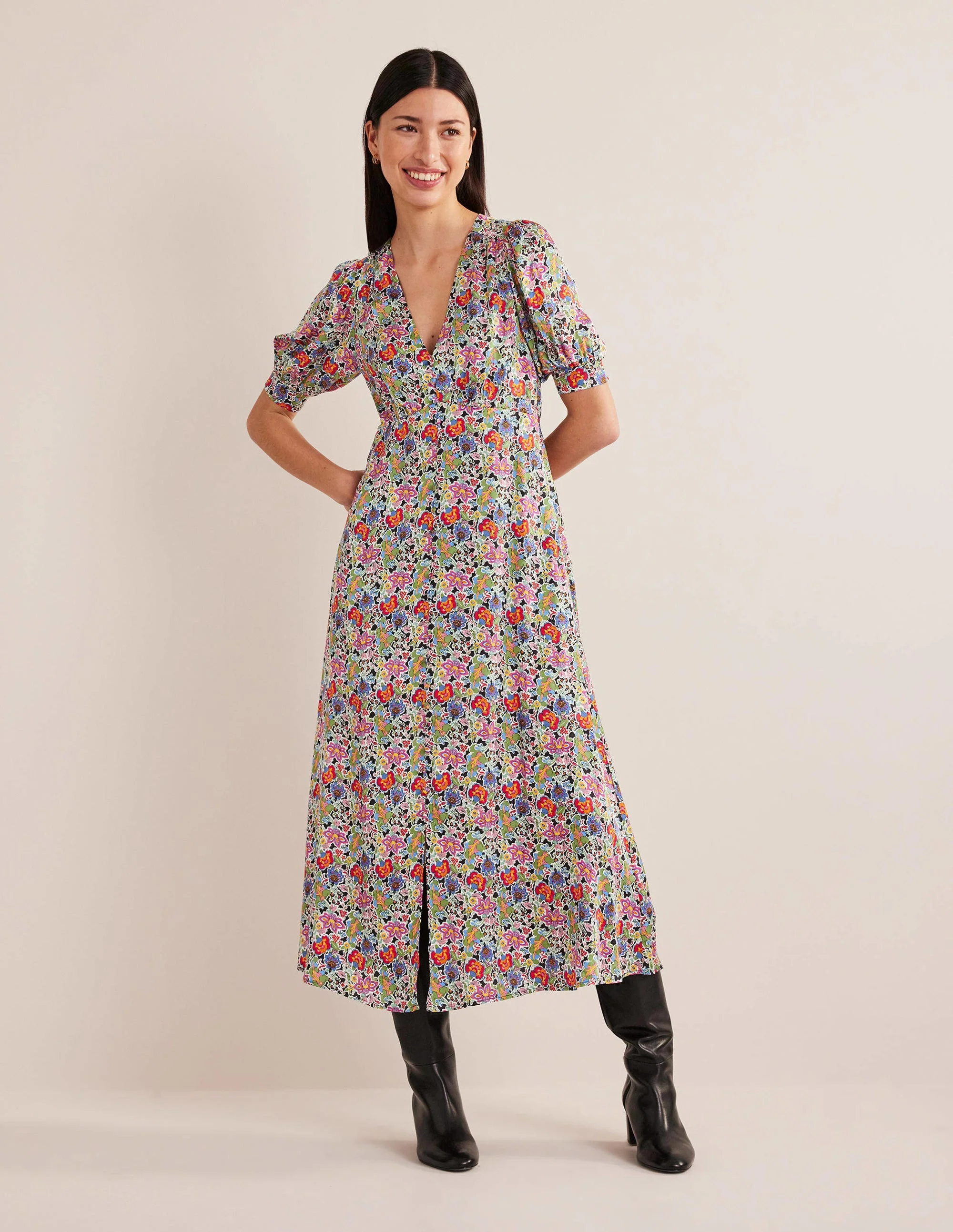 Satin Midi Tea Dress-Multi, Carnation Garden