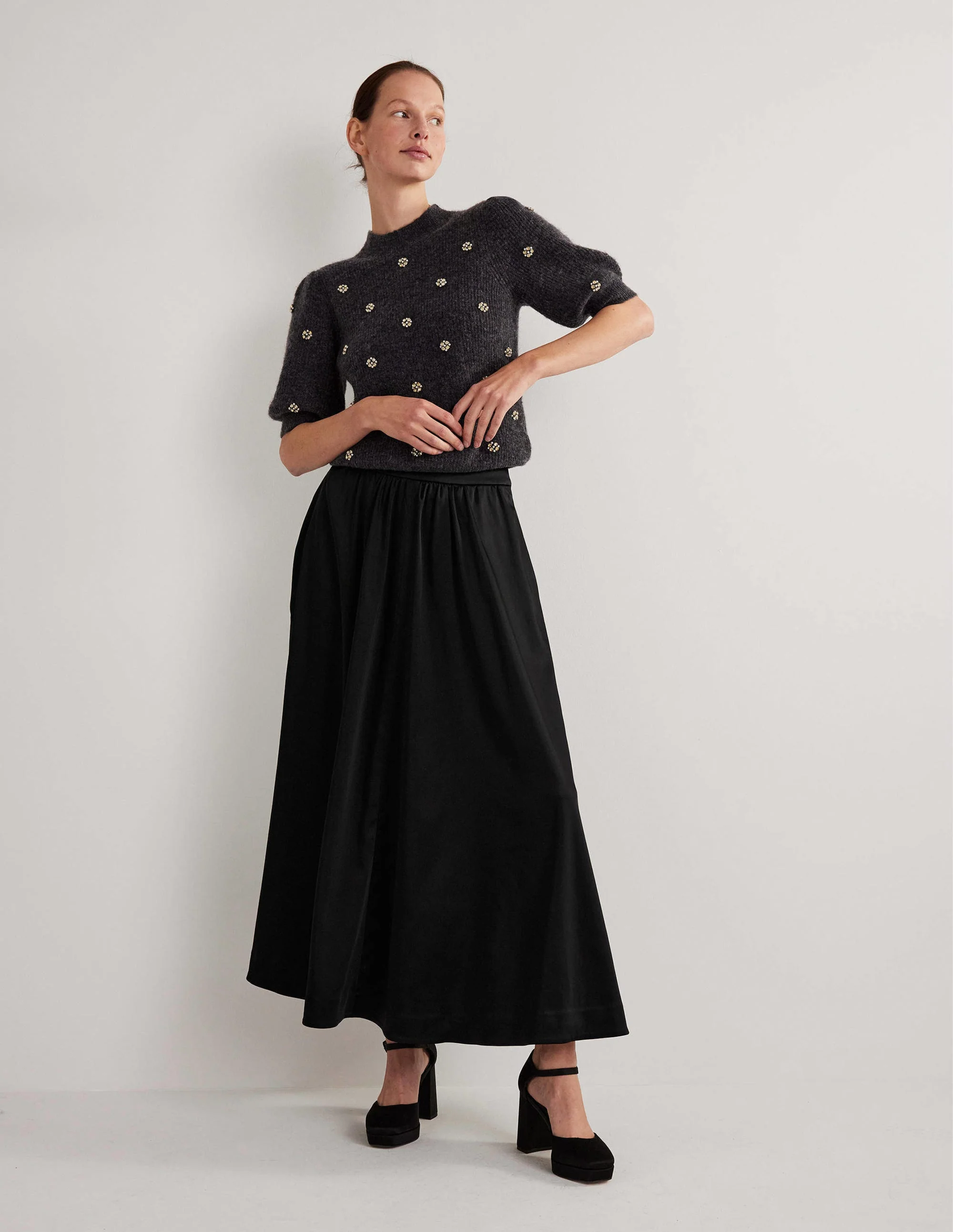 Satin Party Maxi Skirt-Black
