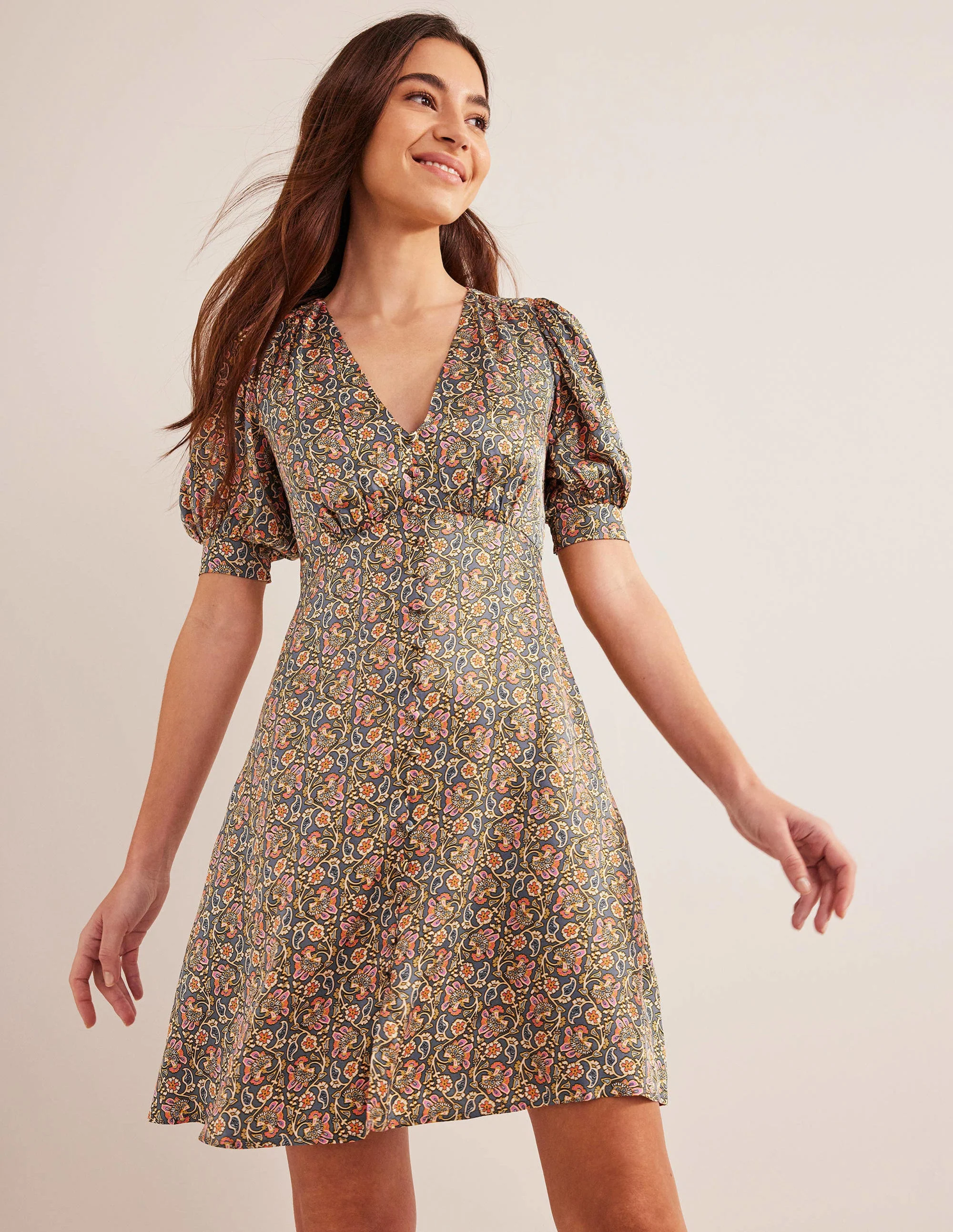 Satin Tea Dress-Nightshadow, Block Paisley