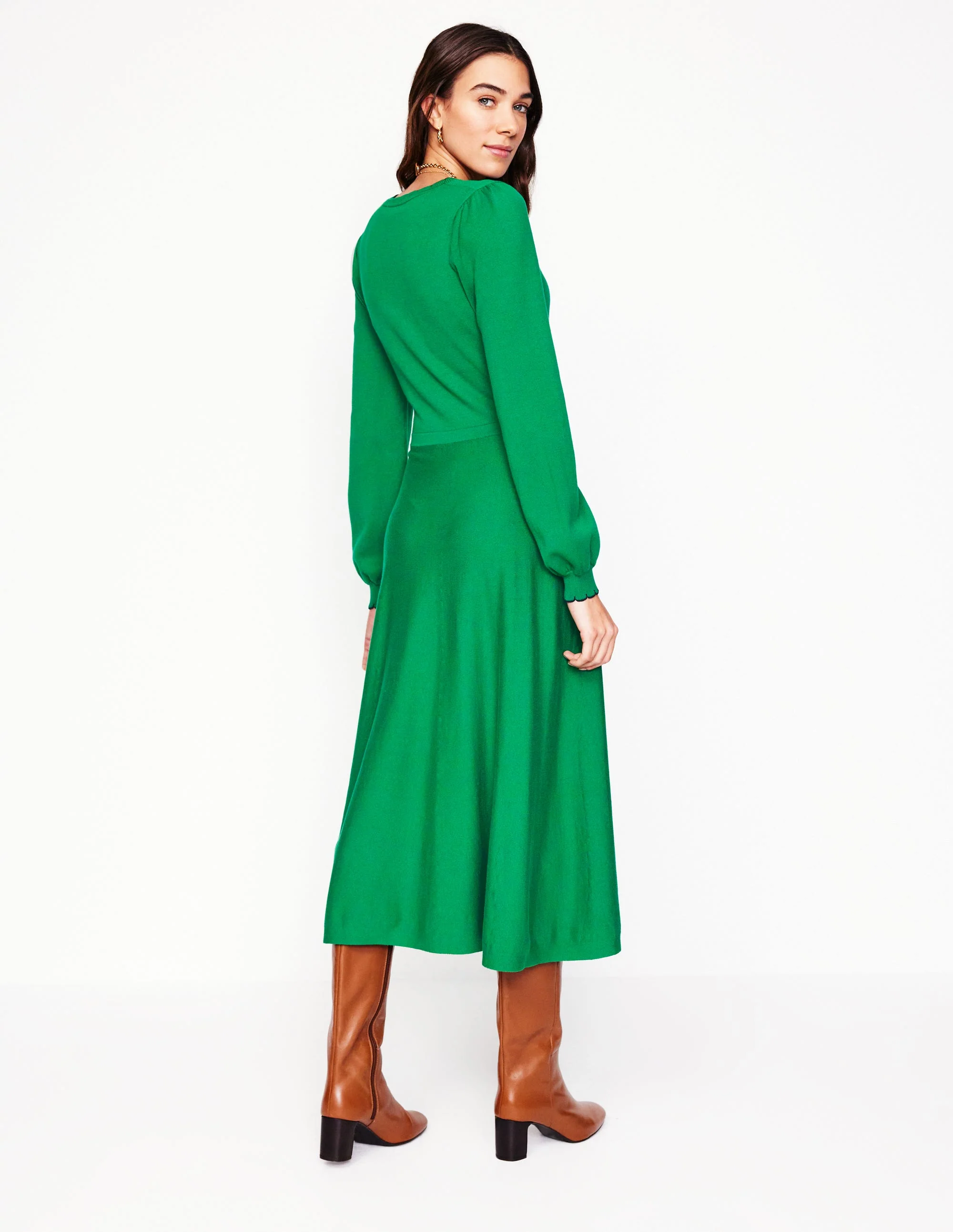 Scallop Henley Knitted Dress-Rich Emerald - Image 4
