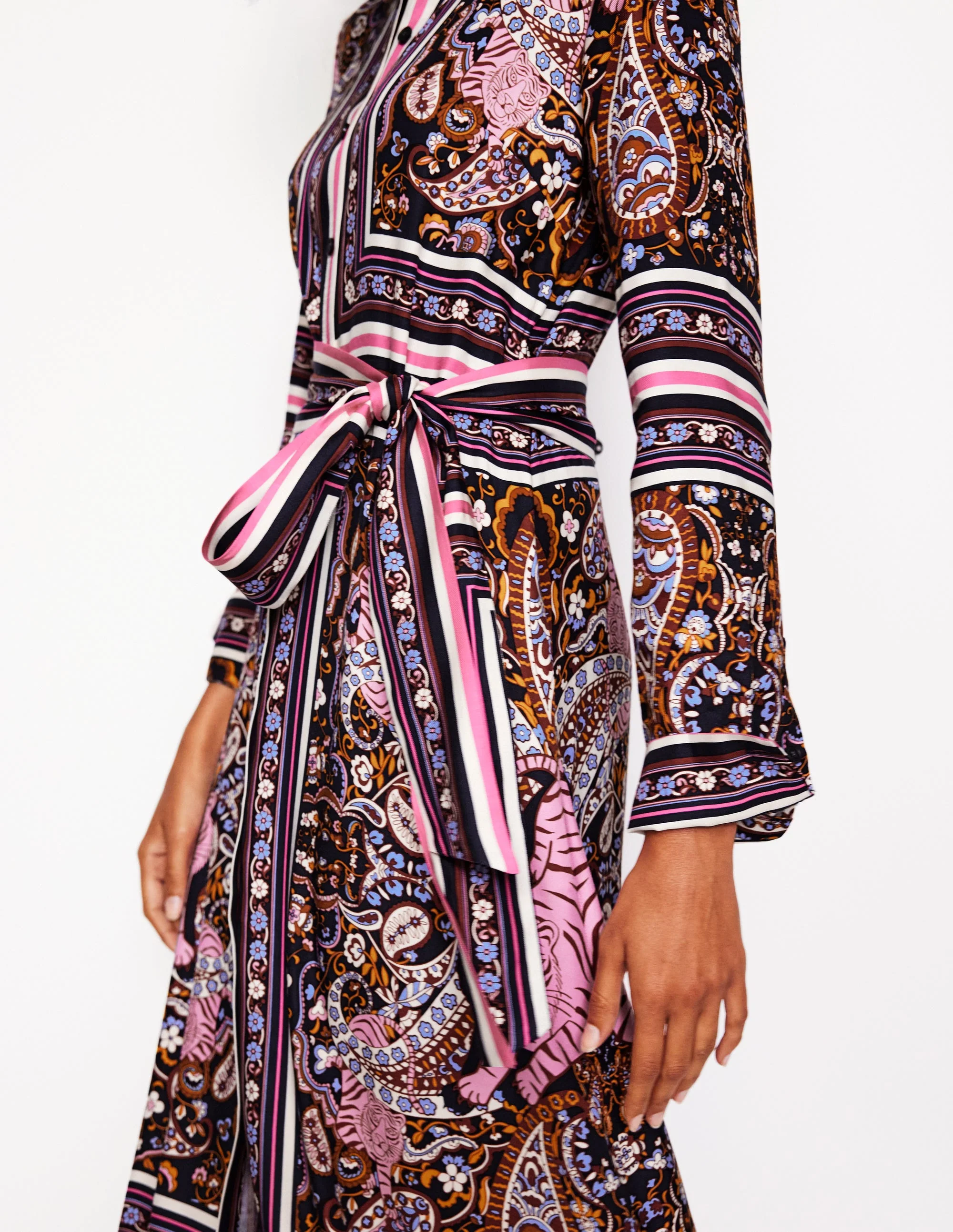 Scarf Print Shirt Dress-French Navy, Tiger Bloom - Image 2