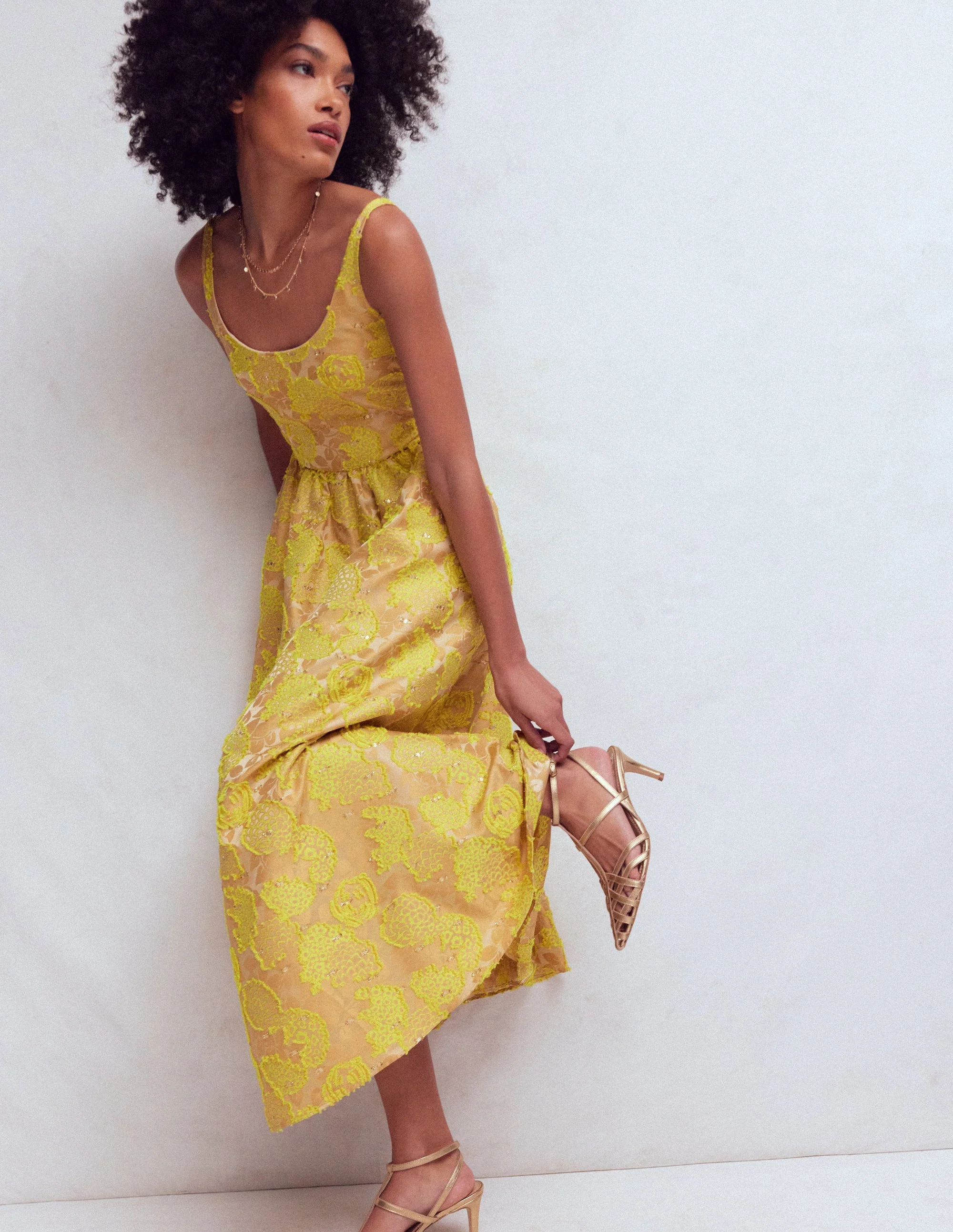 Scoop Neck Jacquard Dress-Yellow Jacquard - Image 4