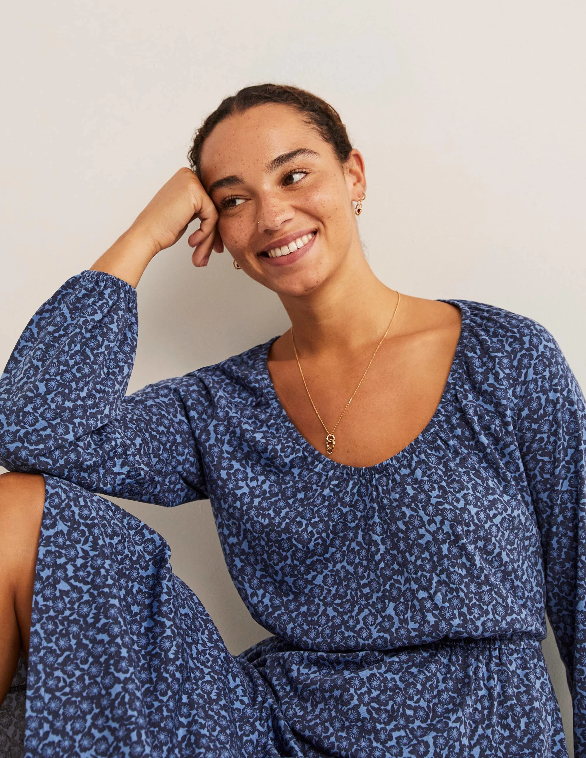 Scoop Neck Jersey Midi Dress-Riviera Blue, Bloom Cluster - Image 5