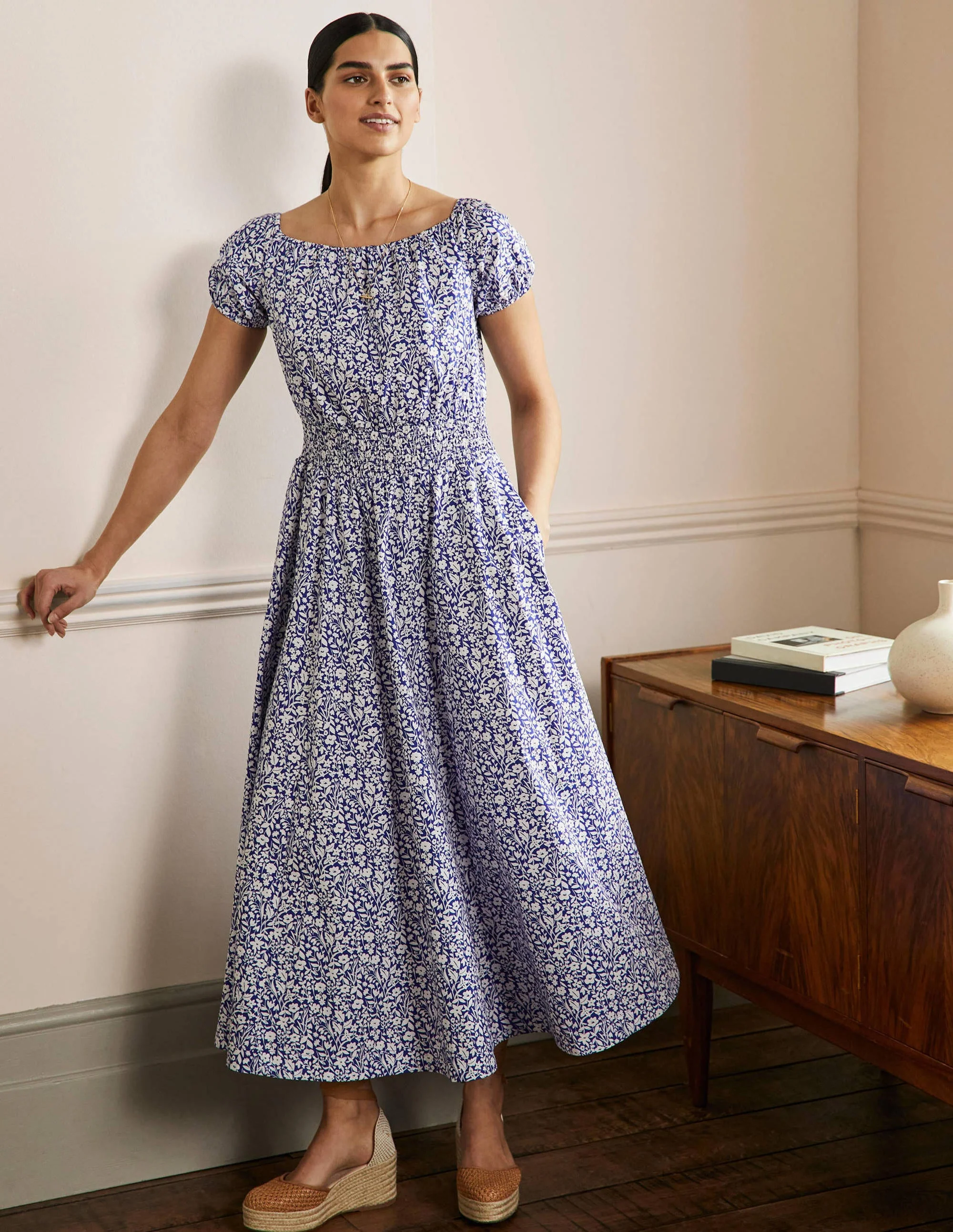 Scoop Neck Maxi Dress-Blue Floral