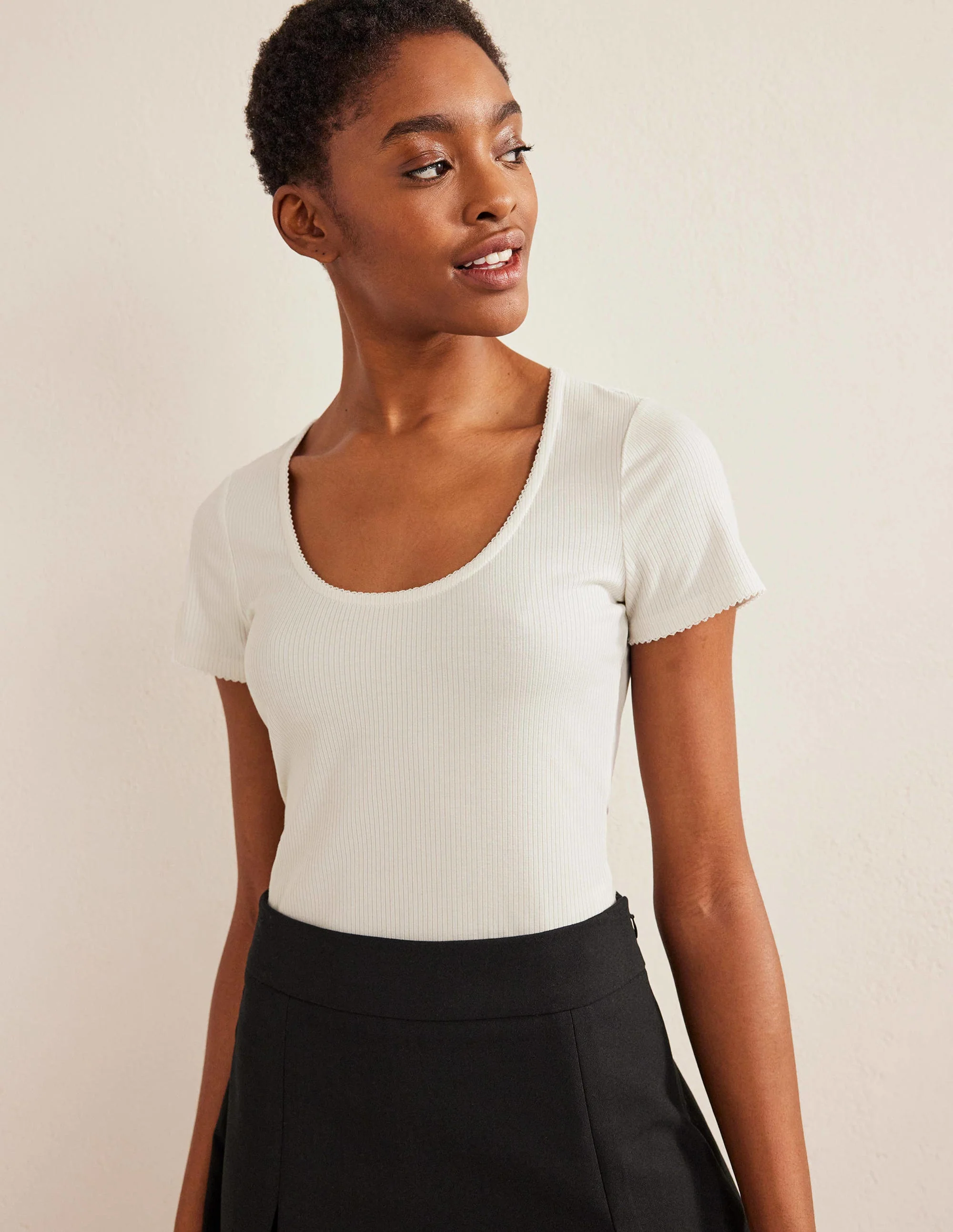 Scoop Neck Ribbed Top-Ivory