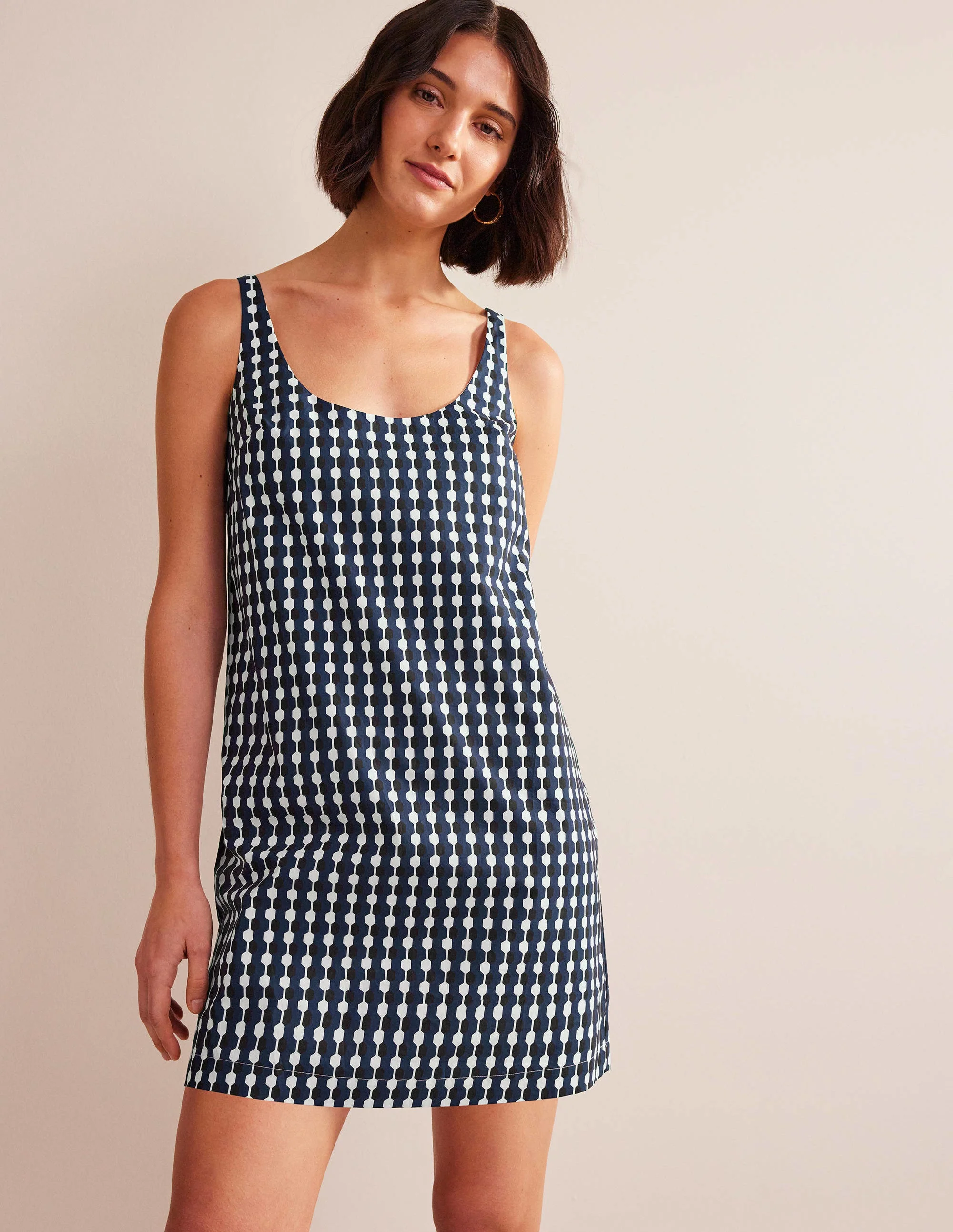 Scoop Neck Shift Dress-Navy, Geo Azure