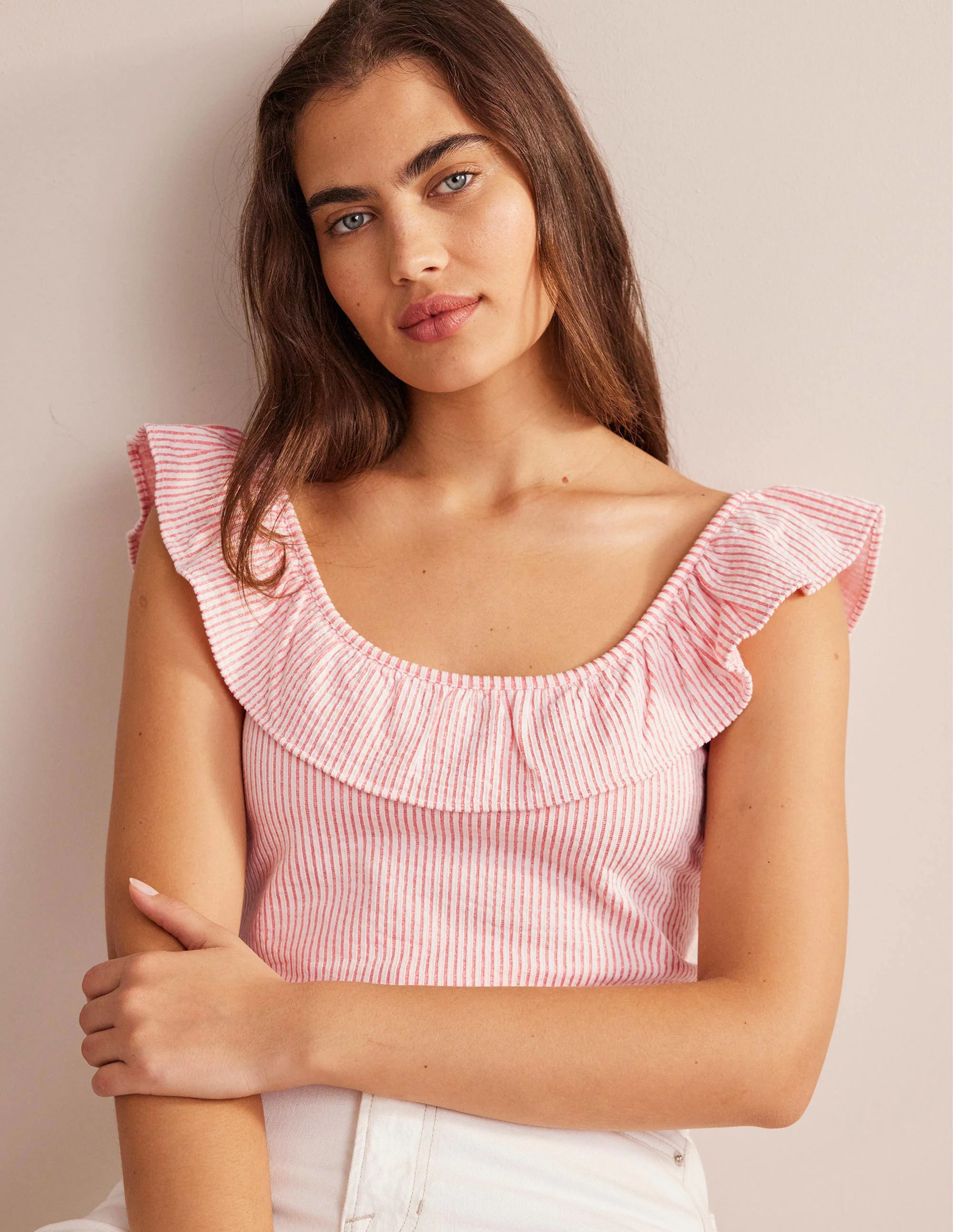 Seersucker Frill Stripe Top-Vermillion/White Stripe