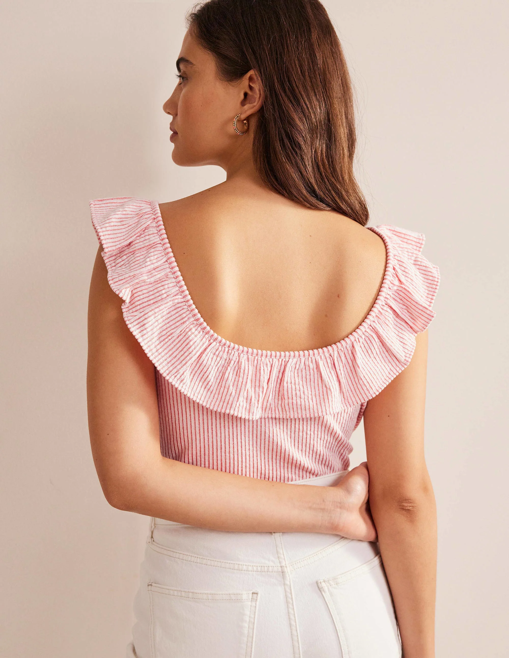Seersucker Frill Stripe Top-Vermillion/White Stripe - Image 3