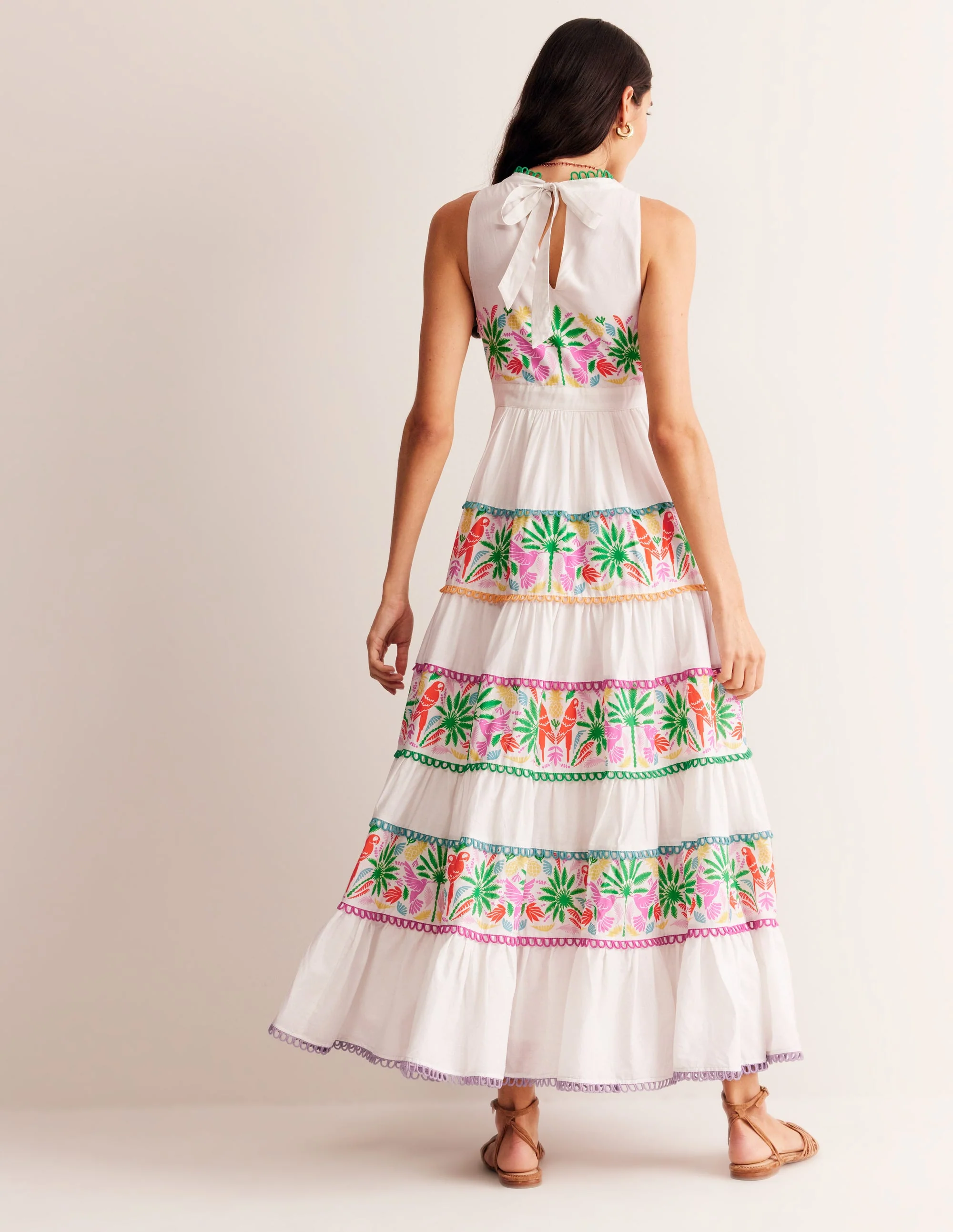 Serena Cotton Tie Maxi Dress-Multi Tropical Parrot - Image 4