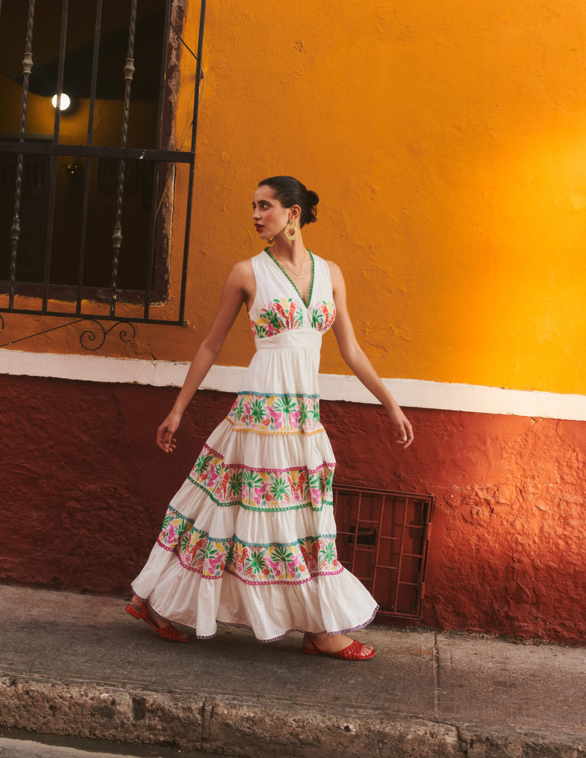 Serena Cotton Tie Maxi Dress-Multi Tropical Parrot - Image 5