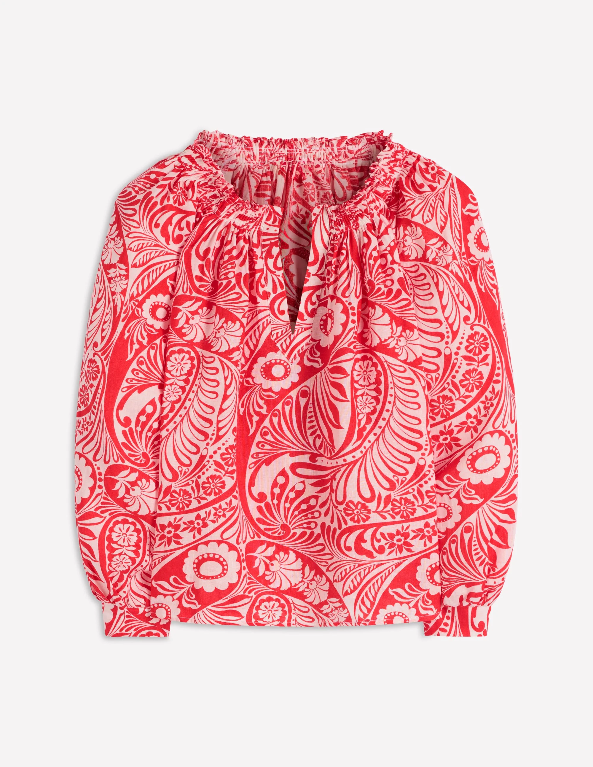 Serena Pleat Neck Linen Top-Red, Enchanted Paisley - Image 6
