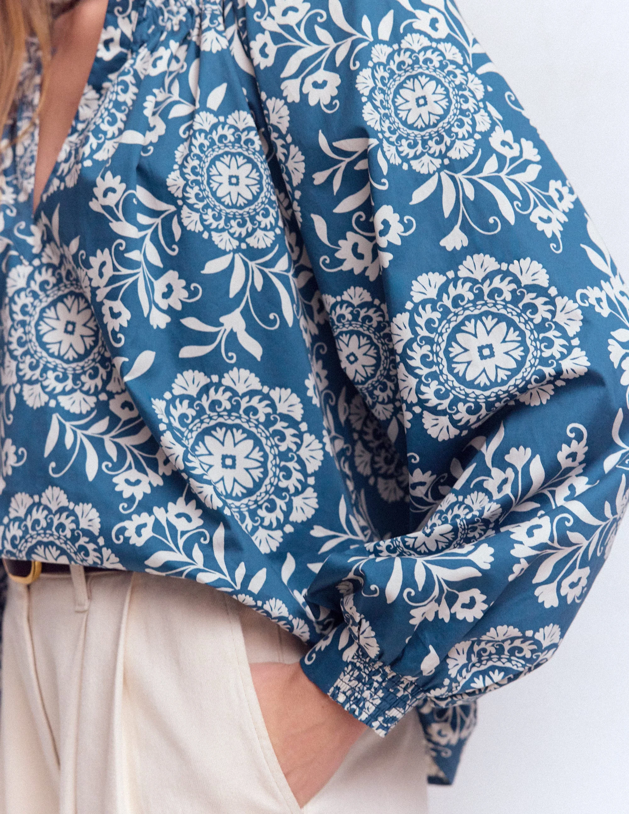 Serena Pleat Neck Top-Blue, Decorative Blossom - Image 2