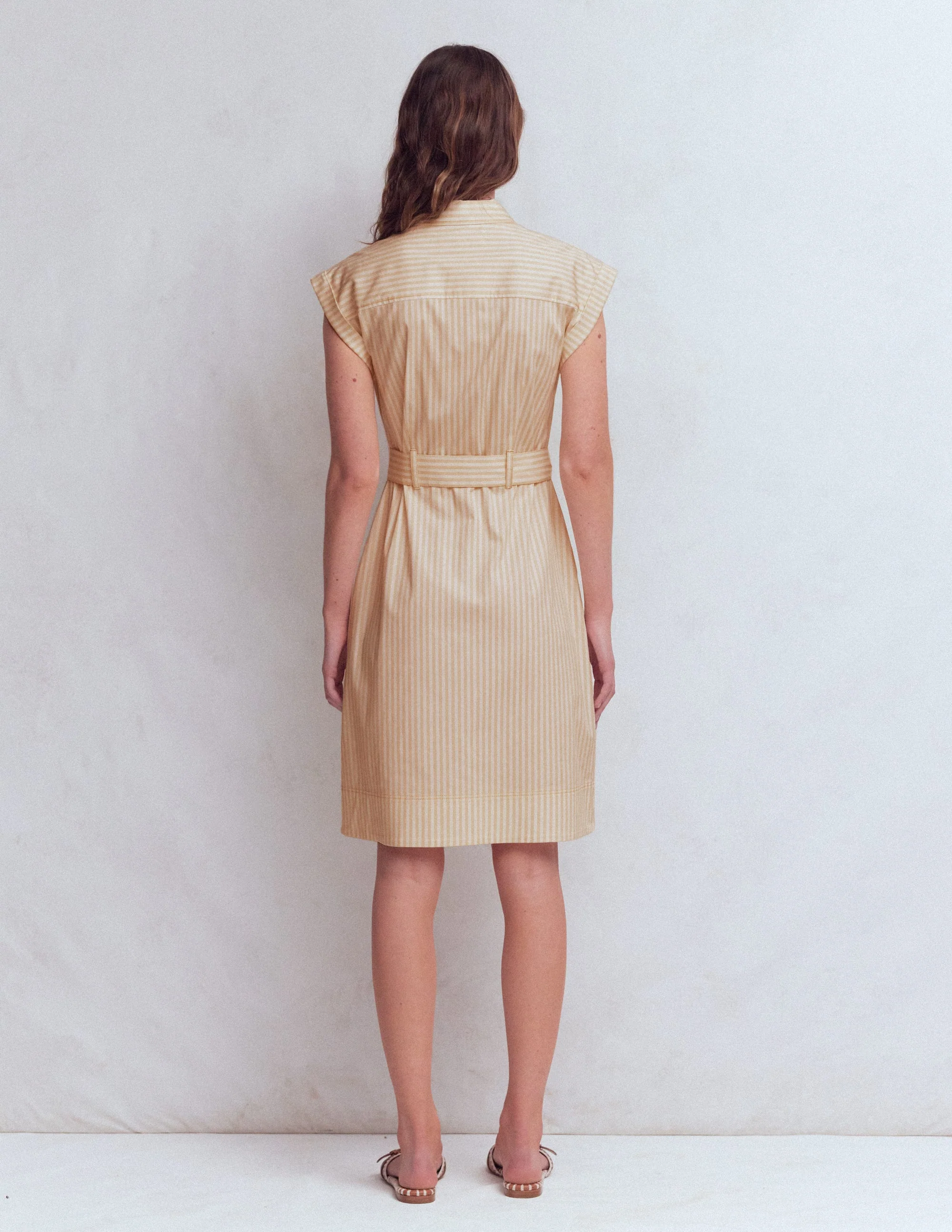 Short Belted Shirt Dress-Brown, Ivory Ticking Stripe - Image 6